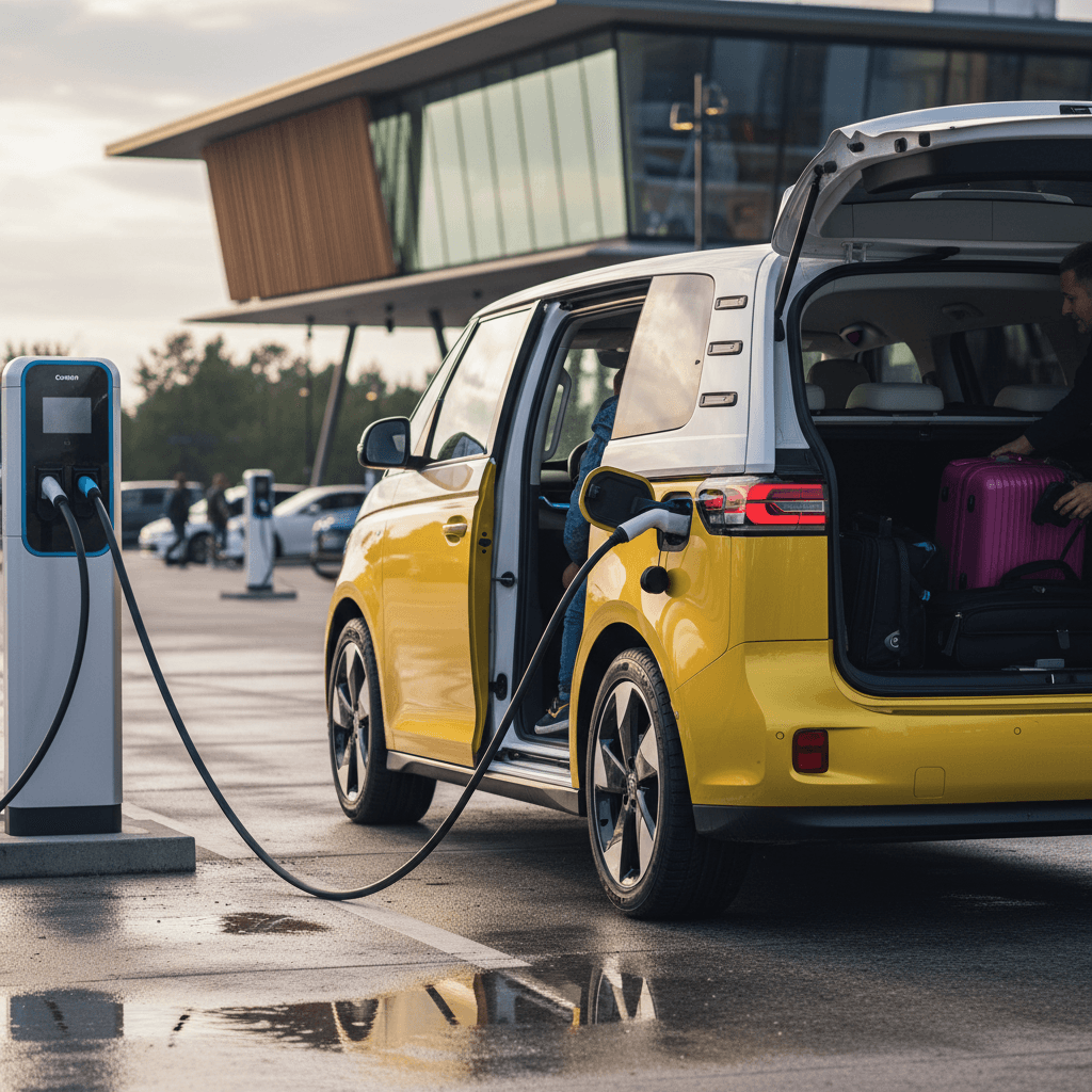 A family loading luggage and kids into a yellow and white Volkswagen ID. Buzz parked at a DC fast charger during a road trip