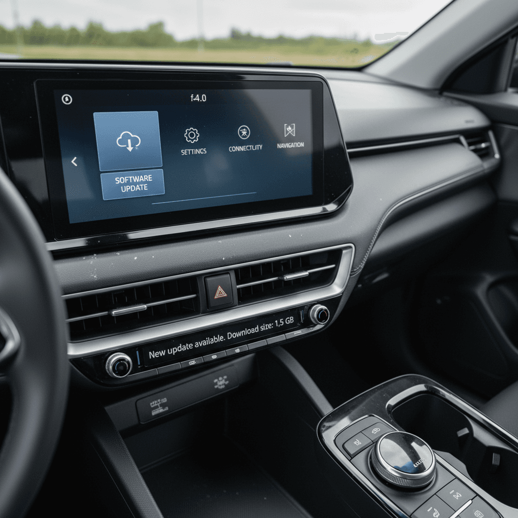 Kia EV6 infotainment screen open to software settings and update menu, with navigation map visible in a modern cabin