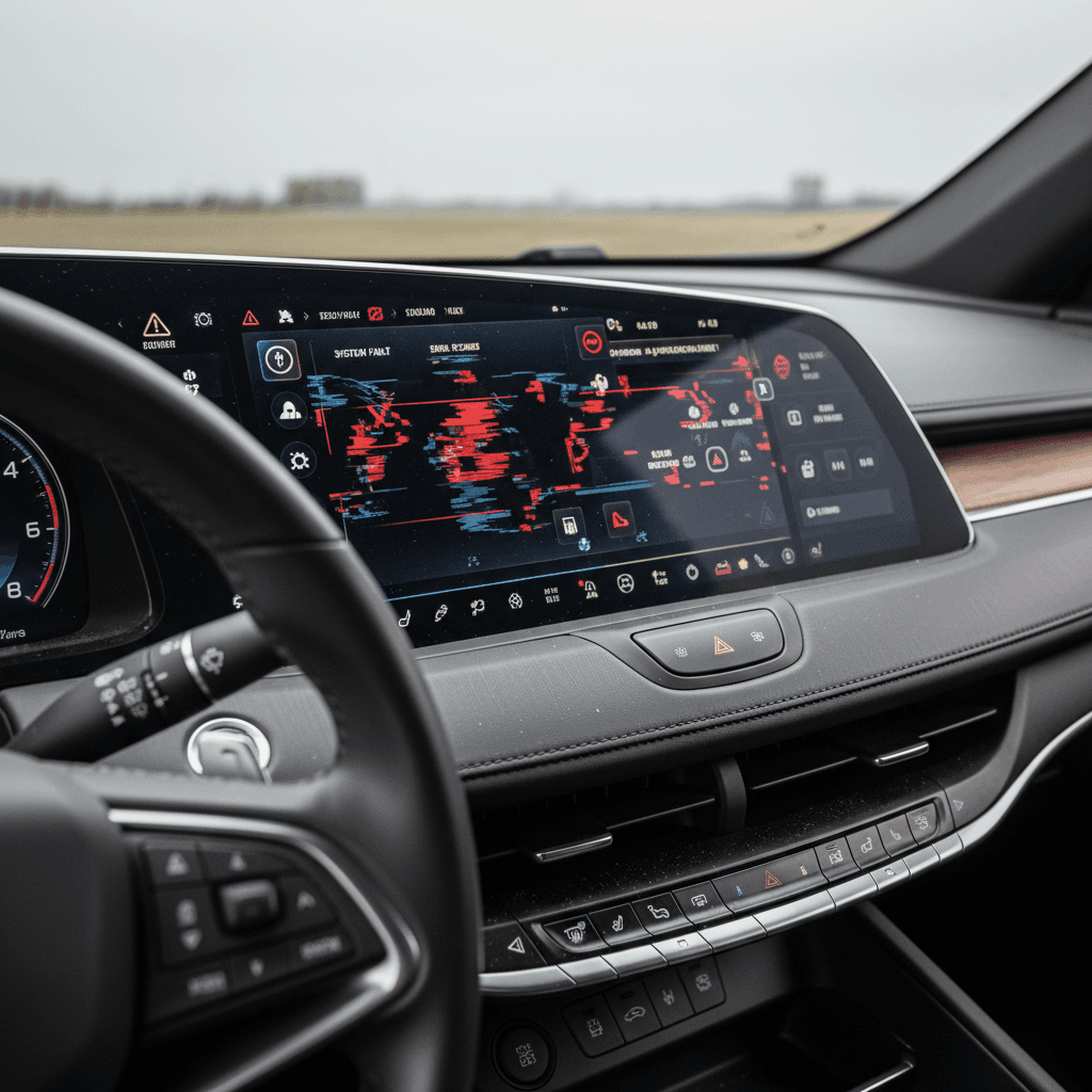 Cadillac Lyriq infotainment screen and digital instrument cluster showing warning messages