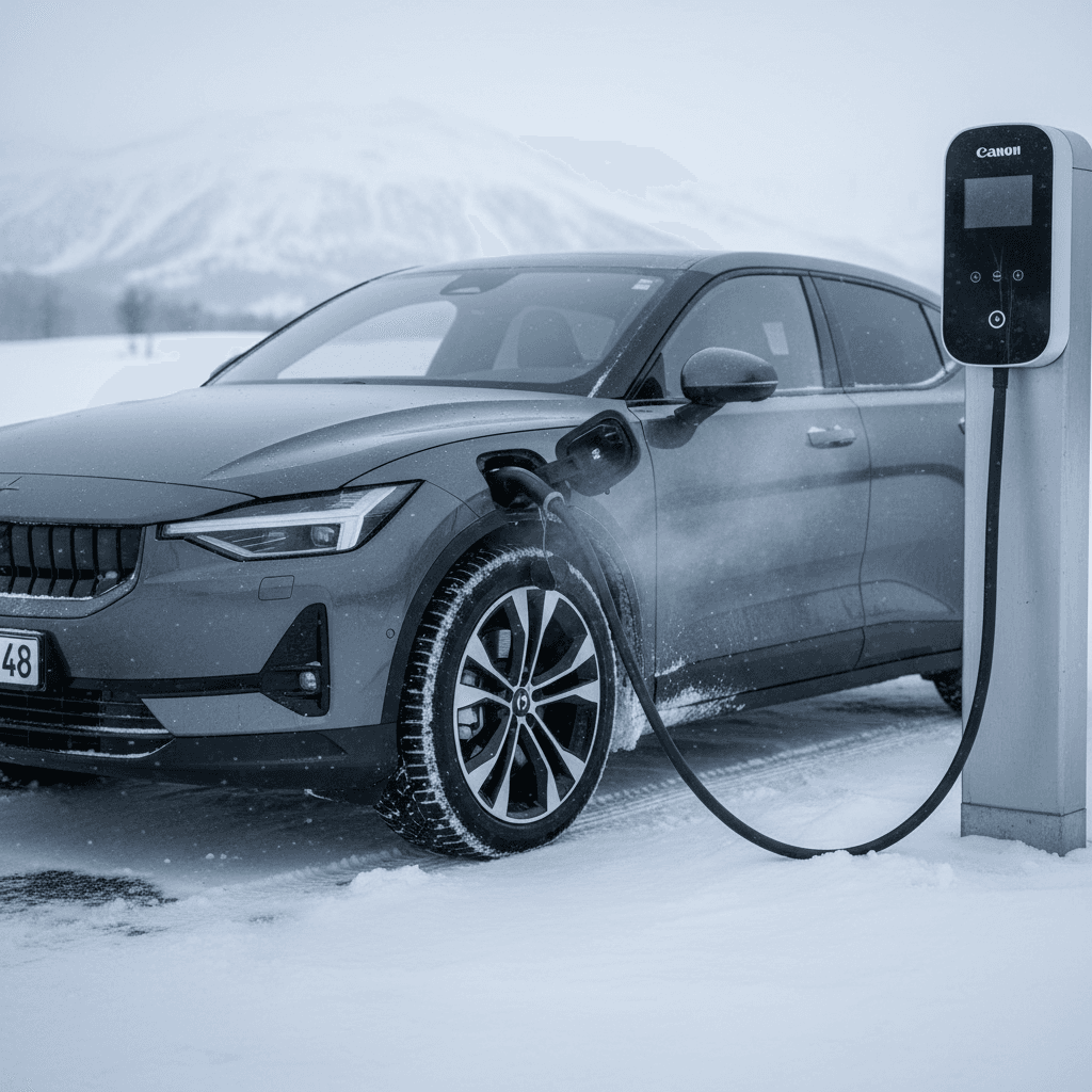 Polestar 3 electric SUV plugged into a public fast charger with snow on the ground