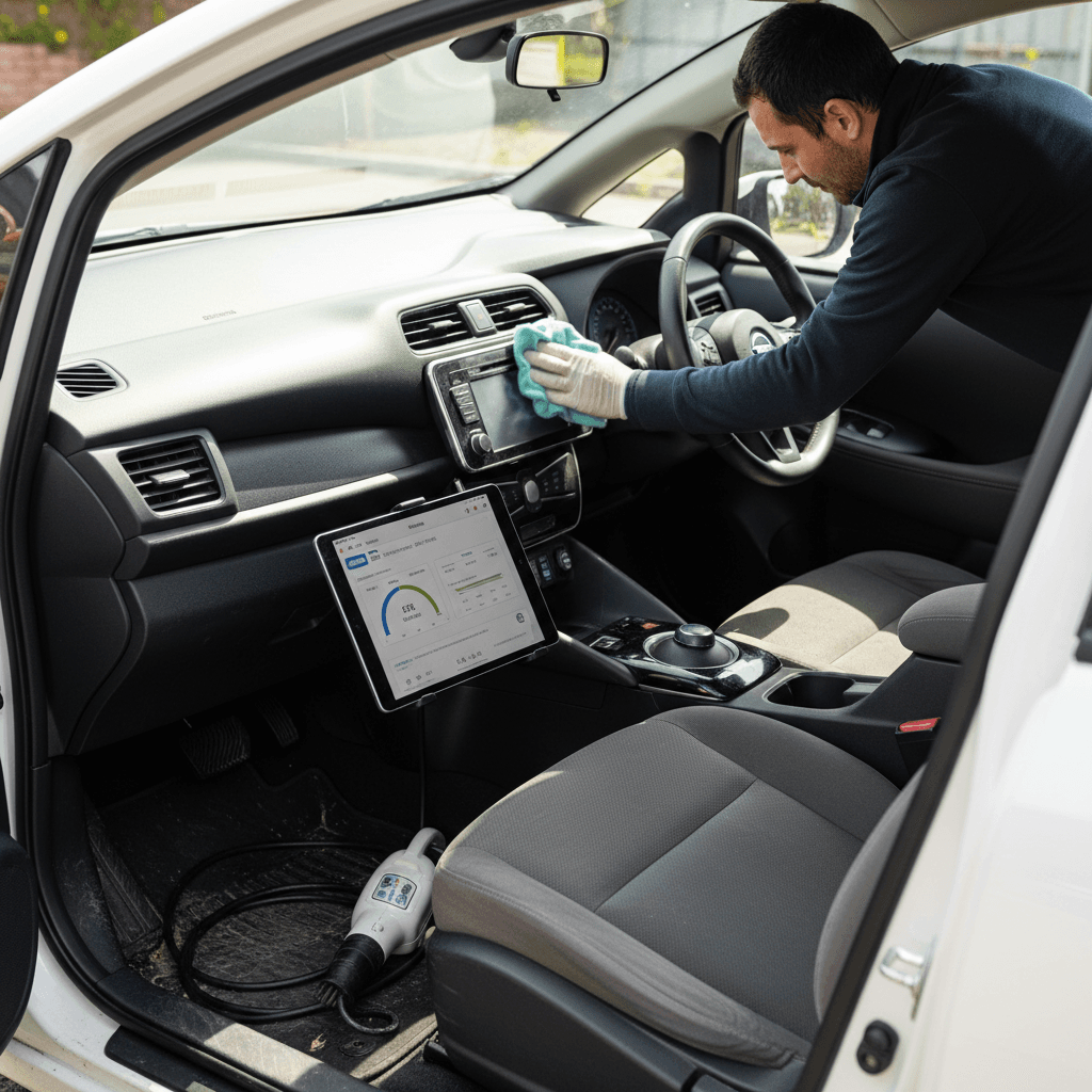 Owner cleaning a Nissan Leaf interior and reviewing a battery health report before selling the car