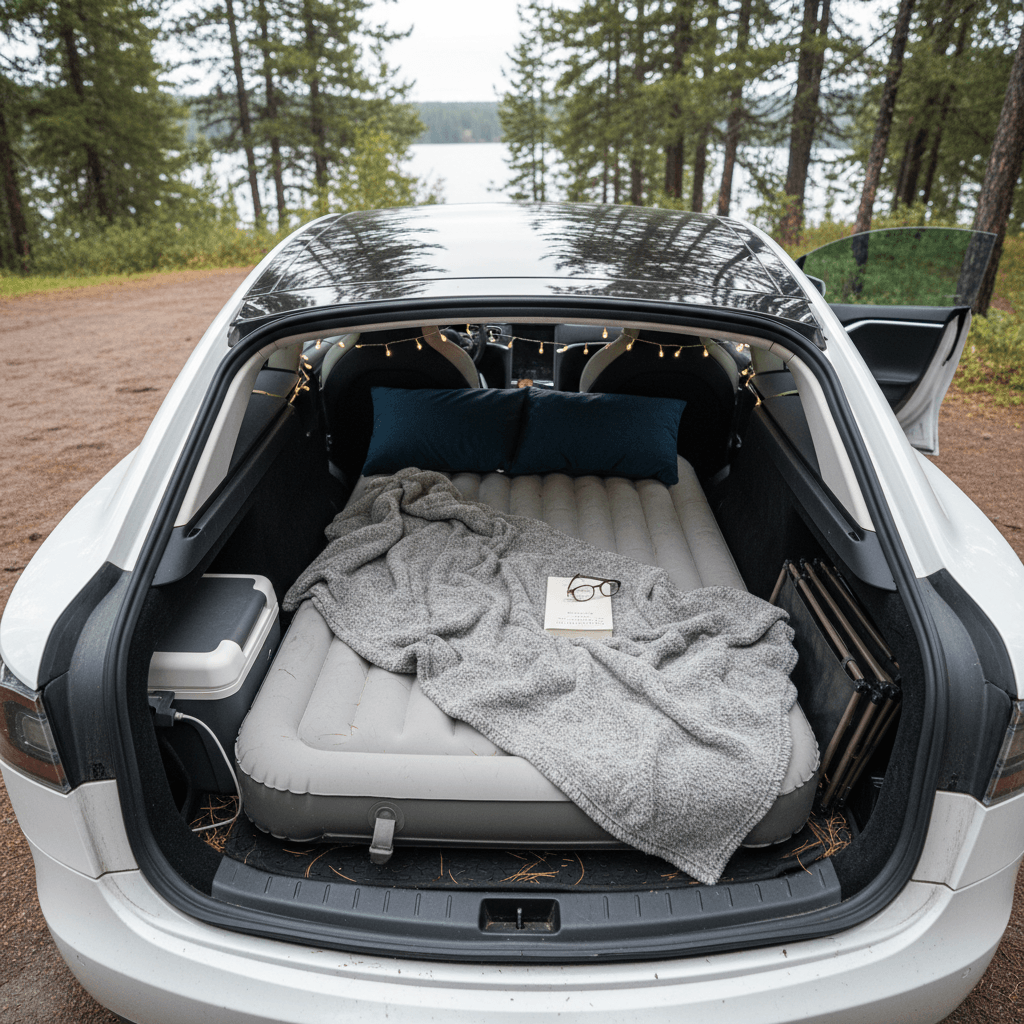 Top-down view of a Tesla Model S cargo area with the rear seats folded and a mattress, bedding and small bags neatly arranged for camping.