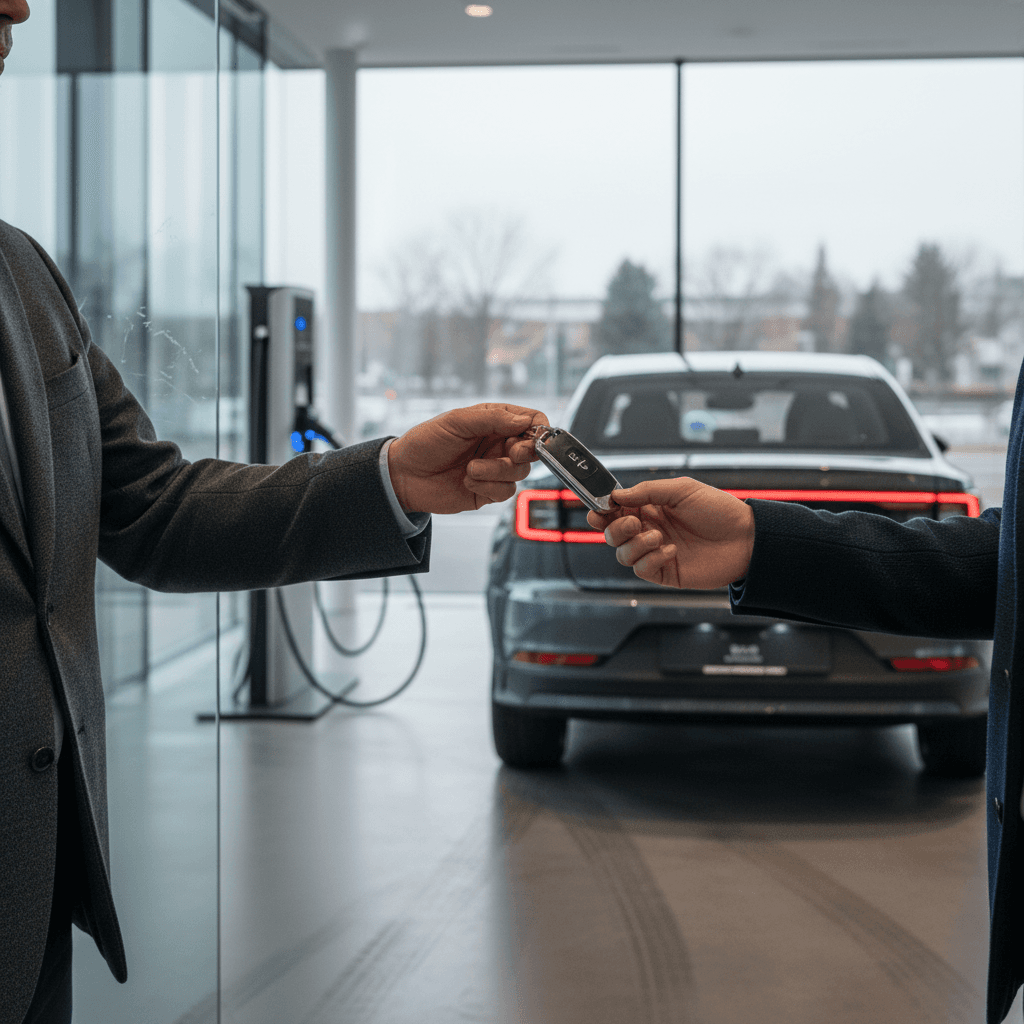 Seller and buyer reviewing a battery health and condition report for a 2022 Polestar 2 at an EV-focused dealership