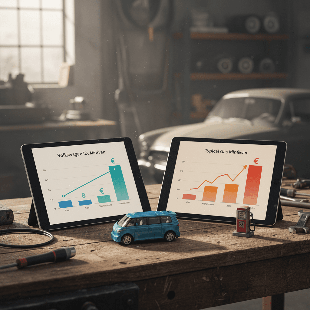 Side by side comparison graphic showing annual fuel and maintenance costs for a Volkswagen ID. Buzz and a typical gasoline minivan