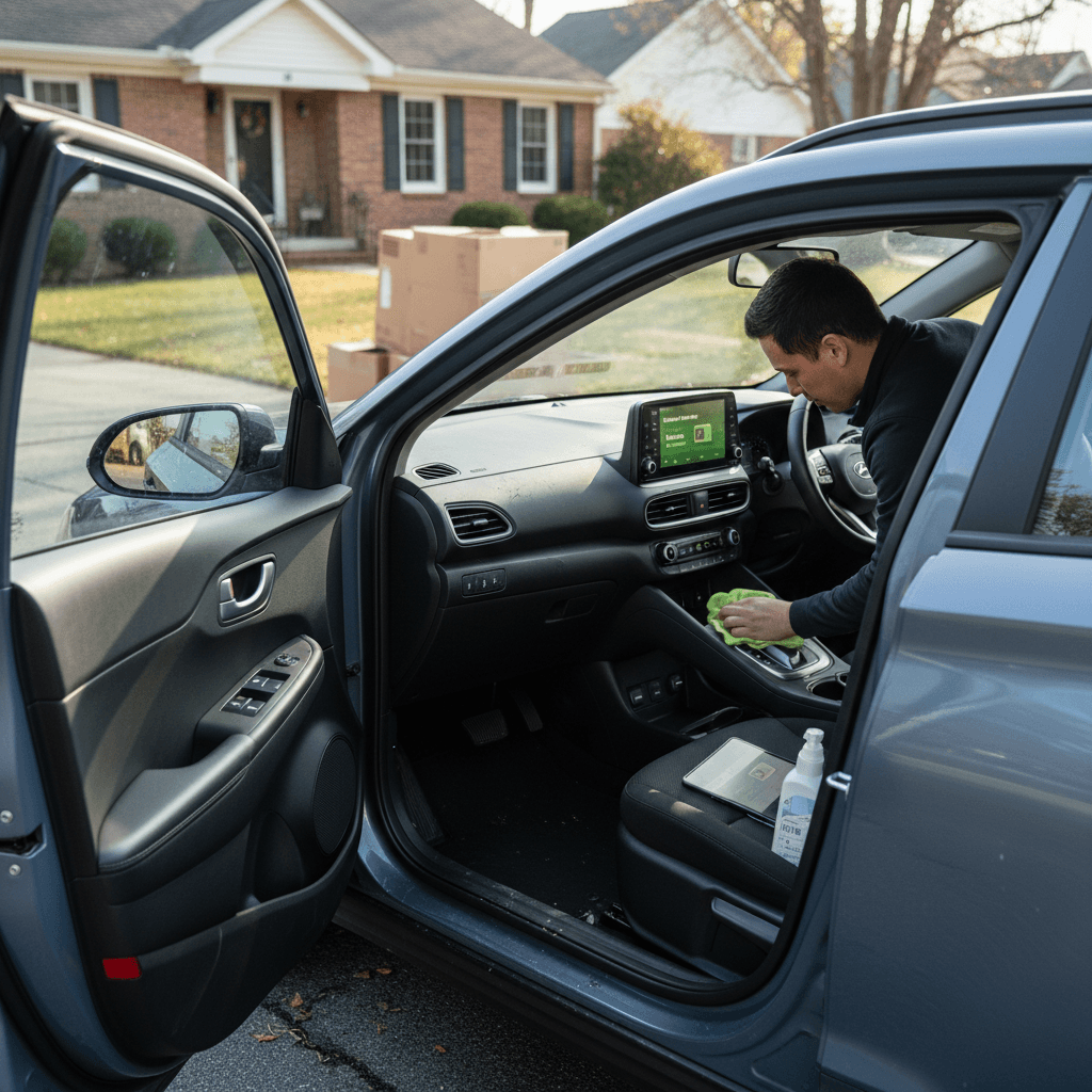 Owner cleaning and inspecting a Hyundai Kona Electric in a driveway before selling it