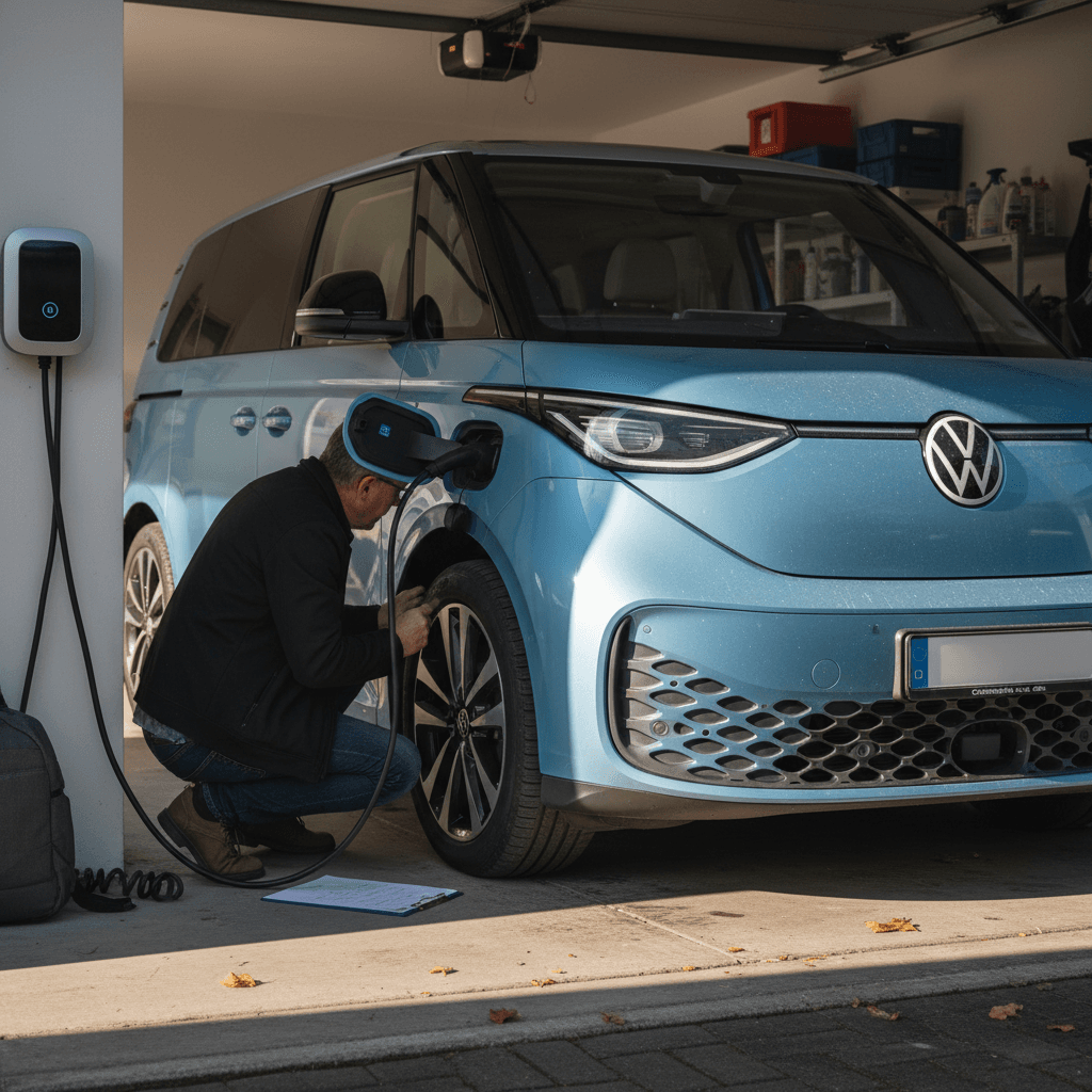 Volkswagen ID. Buzz plugged into a home Level 2 charger while the owner checks the exterior for scuffs and cleanliness before selling