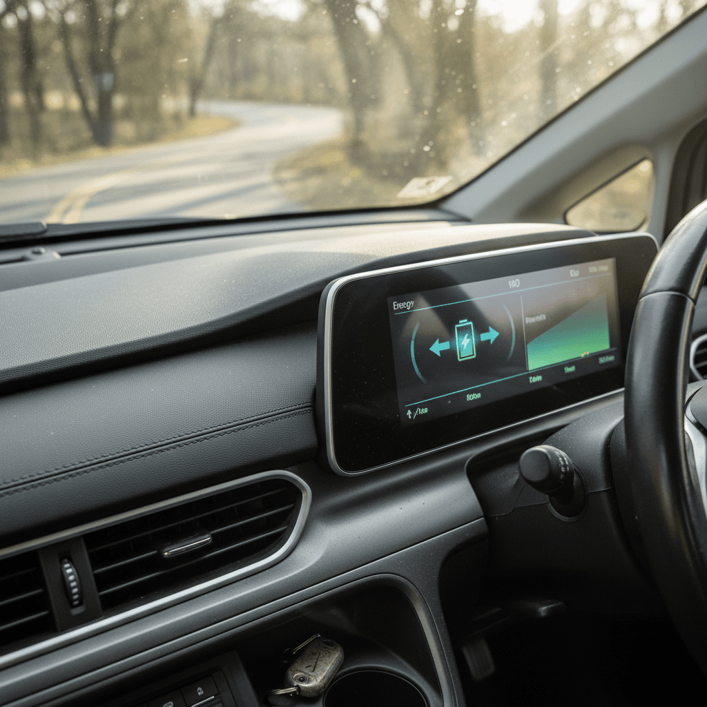 Digital instrument cluster in an electric car showing energy flowing back to the battery under braking