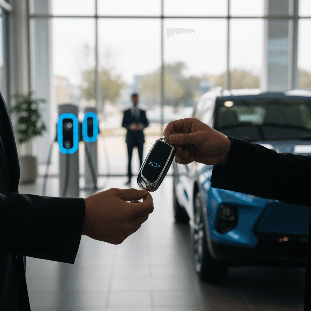 Customer and EV specialist reviewing a Chevrolet Blazer EV battery health report inside a modern showroom