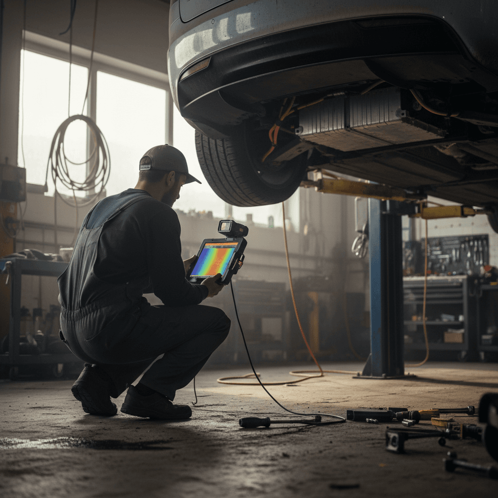 Mechanic in a workshop inspecting the front compartment of an electric vehicle on a lift