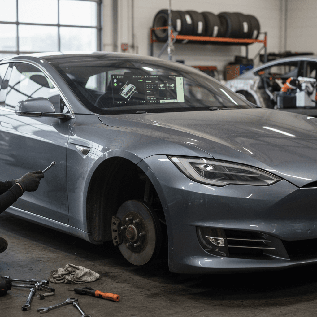 Technician inspecting the wheel and touchscreen of a 2024 Tesla Model S in a service bay