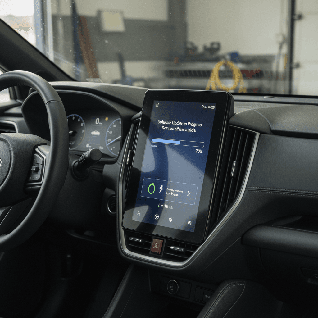 Close-up of Subaru Solterra infotainment and instrument cluster showing charging and software status screens
