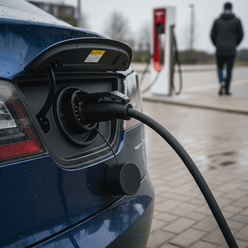 Multiple Tesla Supercharger stalls lined up at a modern charging station