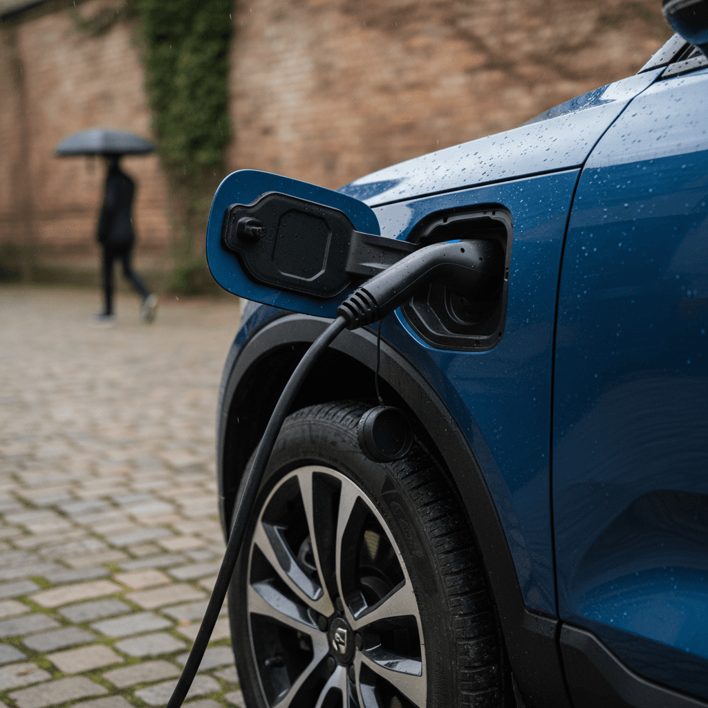 Volvo EX30 plugged into a public DC fast charger, displaying charging status on the screen