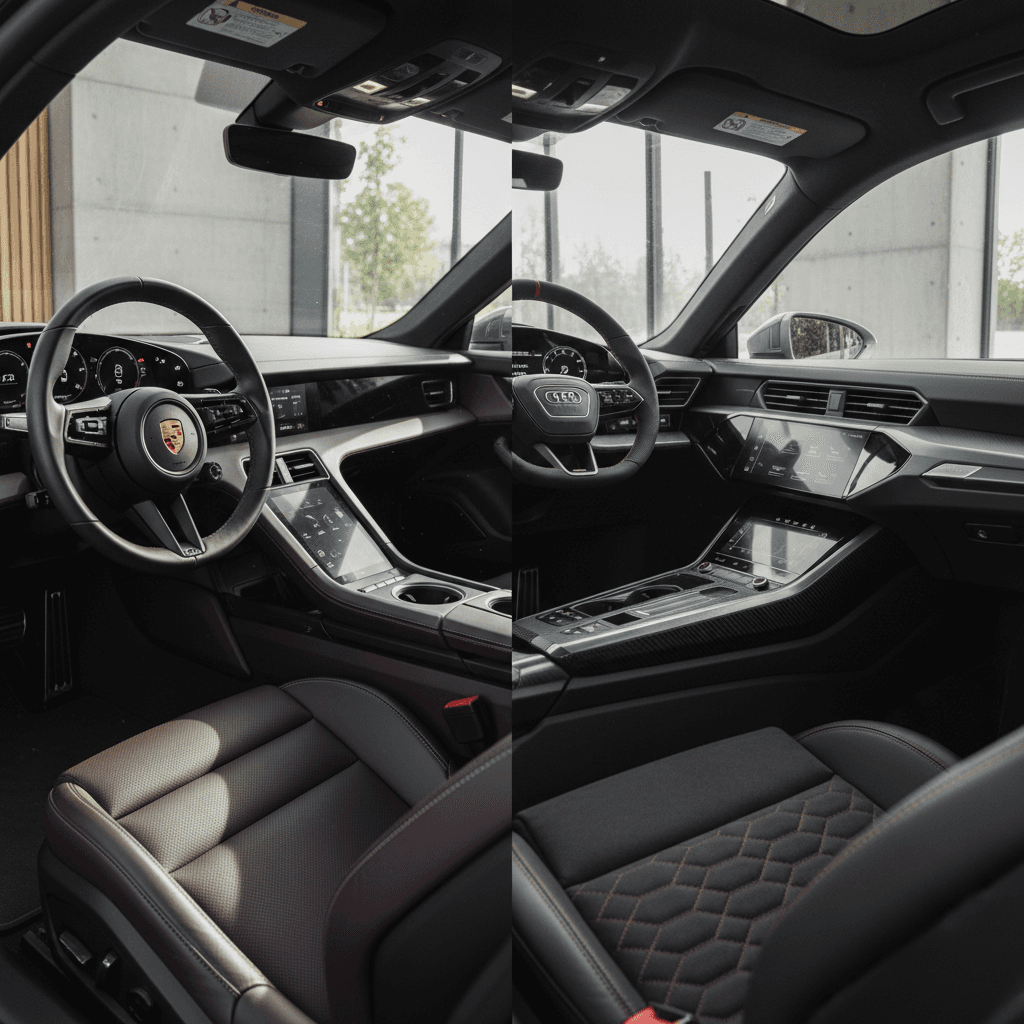 Side-by-side interior view of a Porsche Taycan and Audi e-tron GT, highlighting dashboards, seats and center consoles.