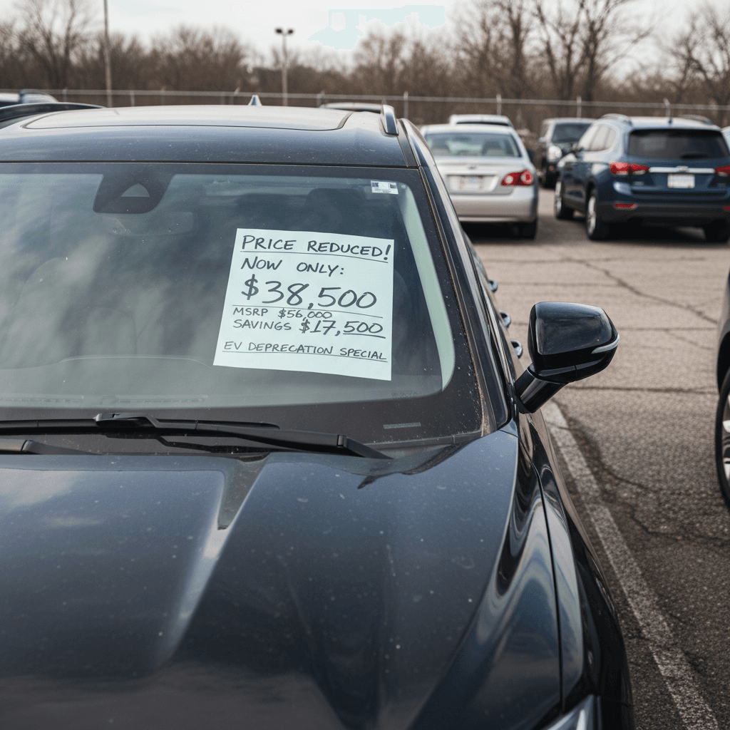 Used Chevrolet Blazer EVs lined up at a dealership, one in front with a price tag on the windshield, illustrating resale value.