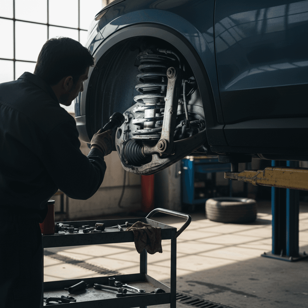 Technician inspecting the front suspension and CV axle of a Honda Prologue on a lift