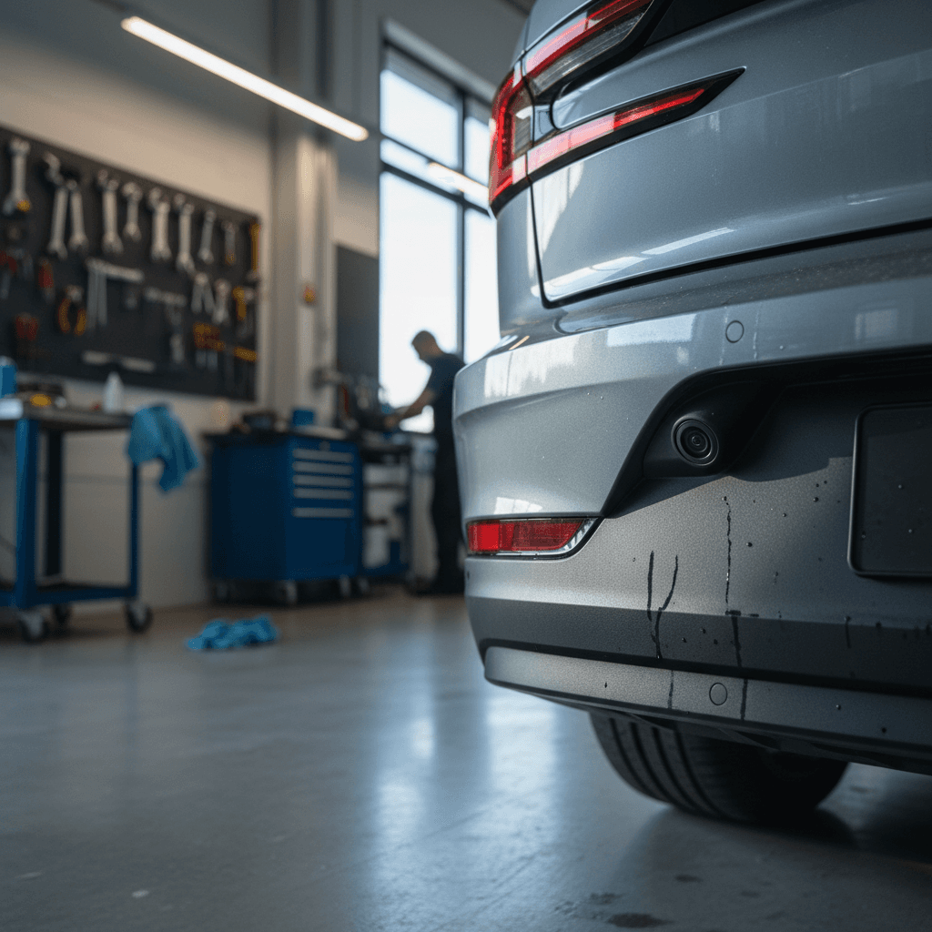 Technician inspecting the rear camera and sensors on a Polestar 2 in a service bay