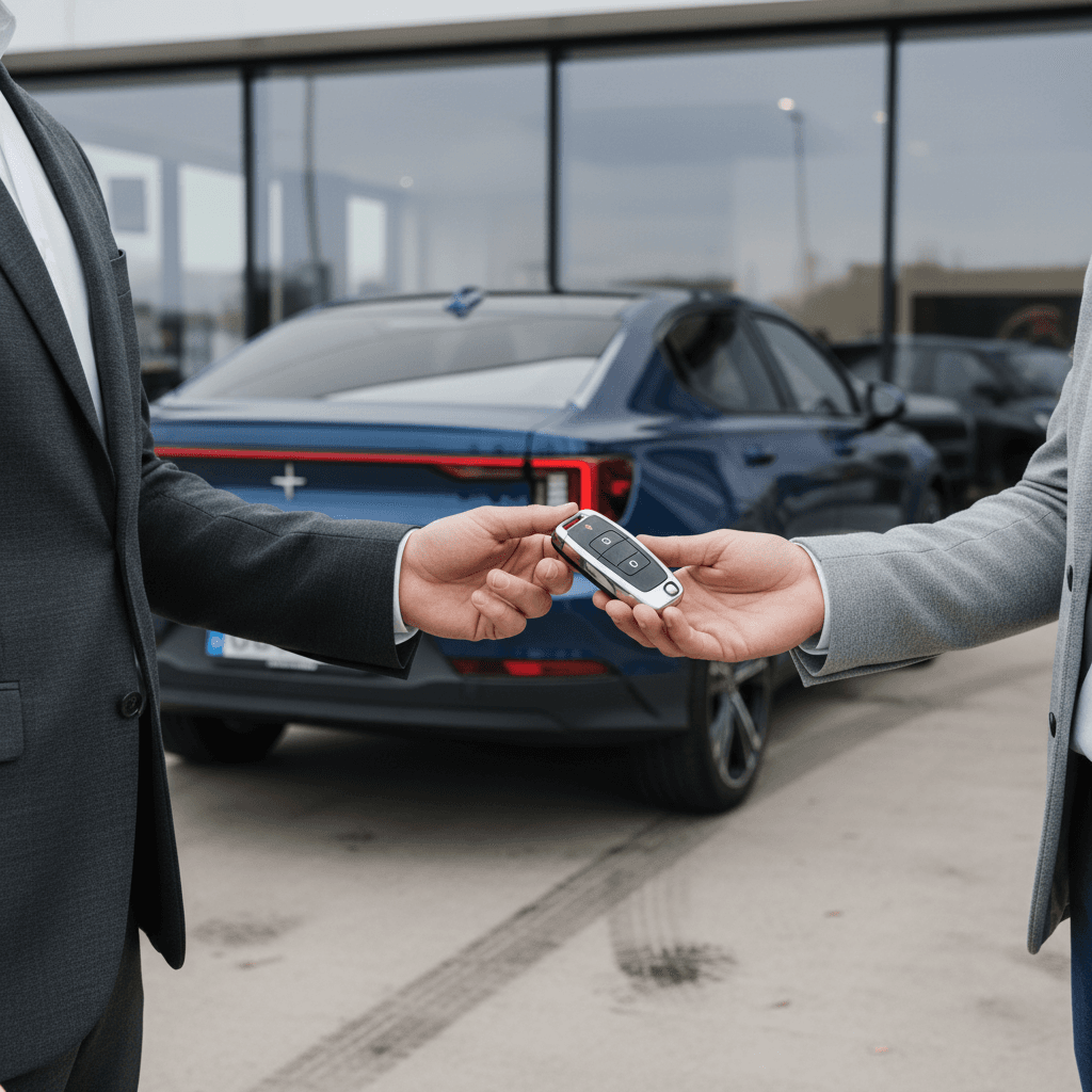Polestar 2 owner completing a sale with an EV specialist at a modern showroom, highlighting a stress-free selling experience