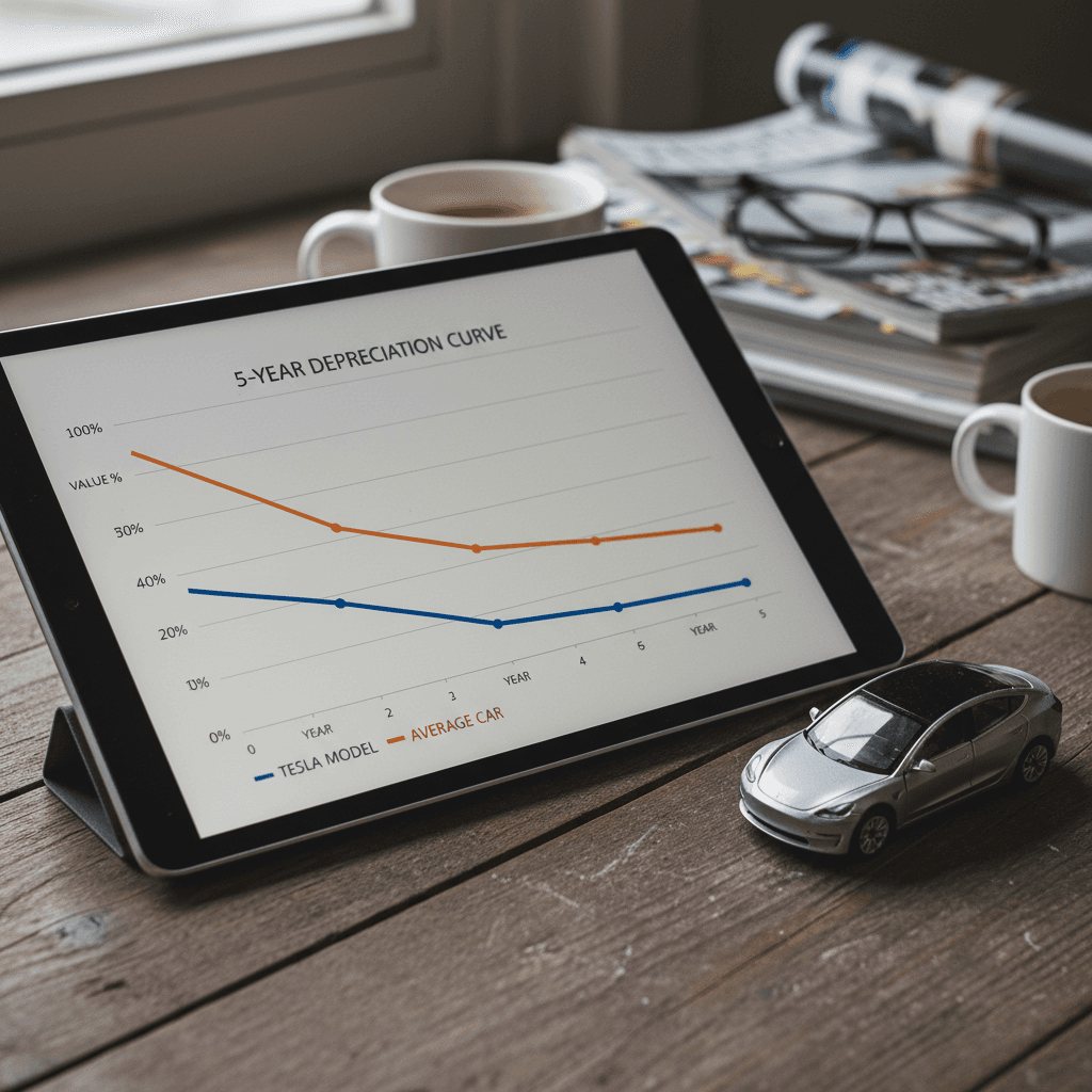 Illustrated 5-year depreciation curve for a Tesla Model 3 compared with the average car