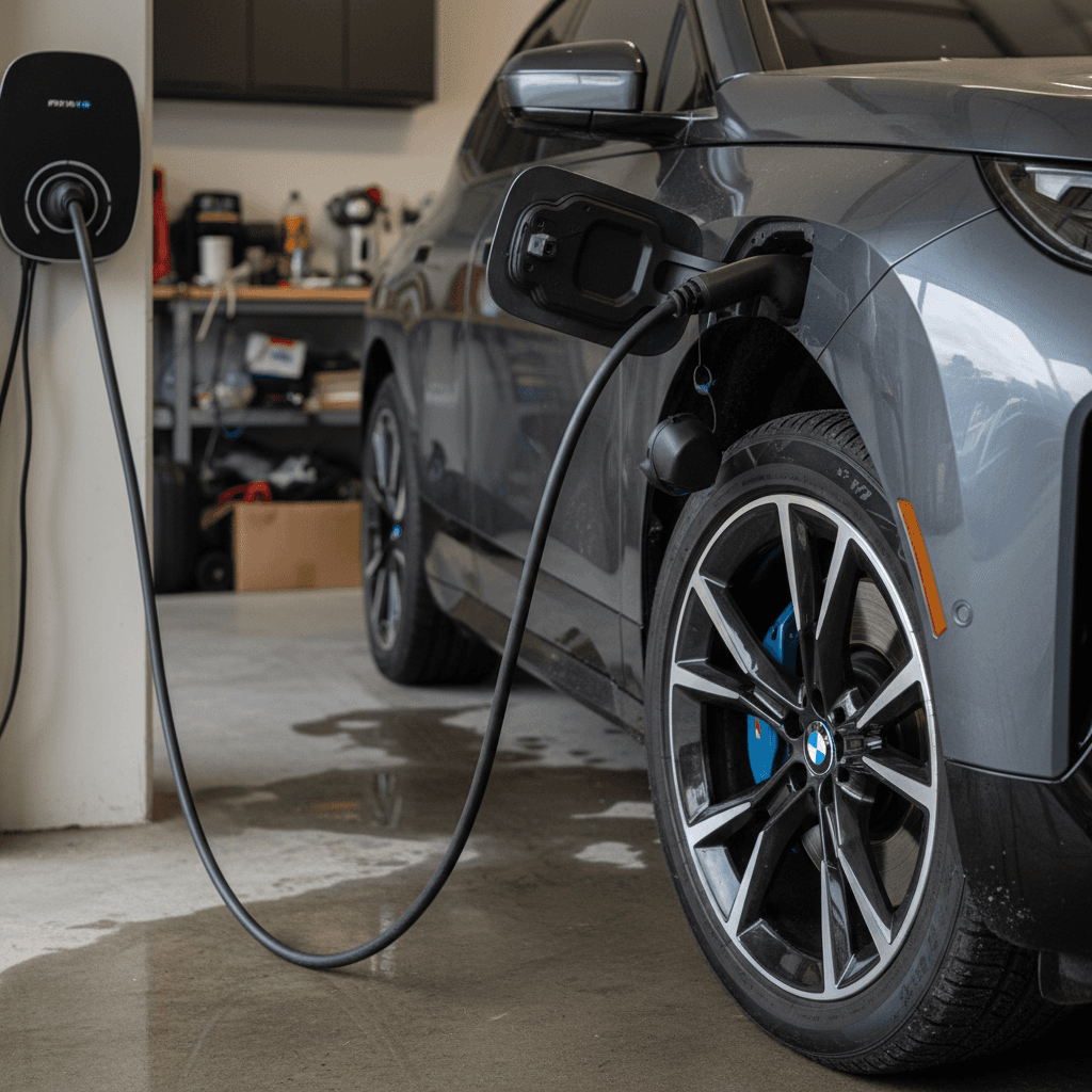 Close-up of a BMW iX plugged into a Level 2 home charger at a house garage