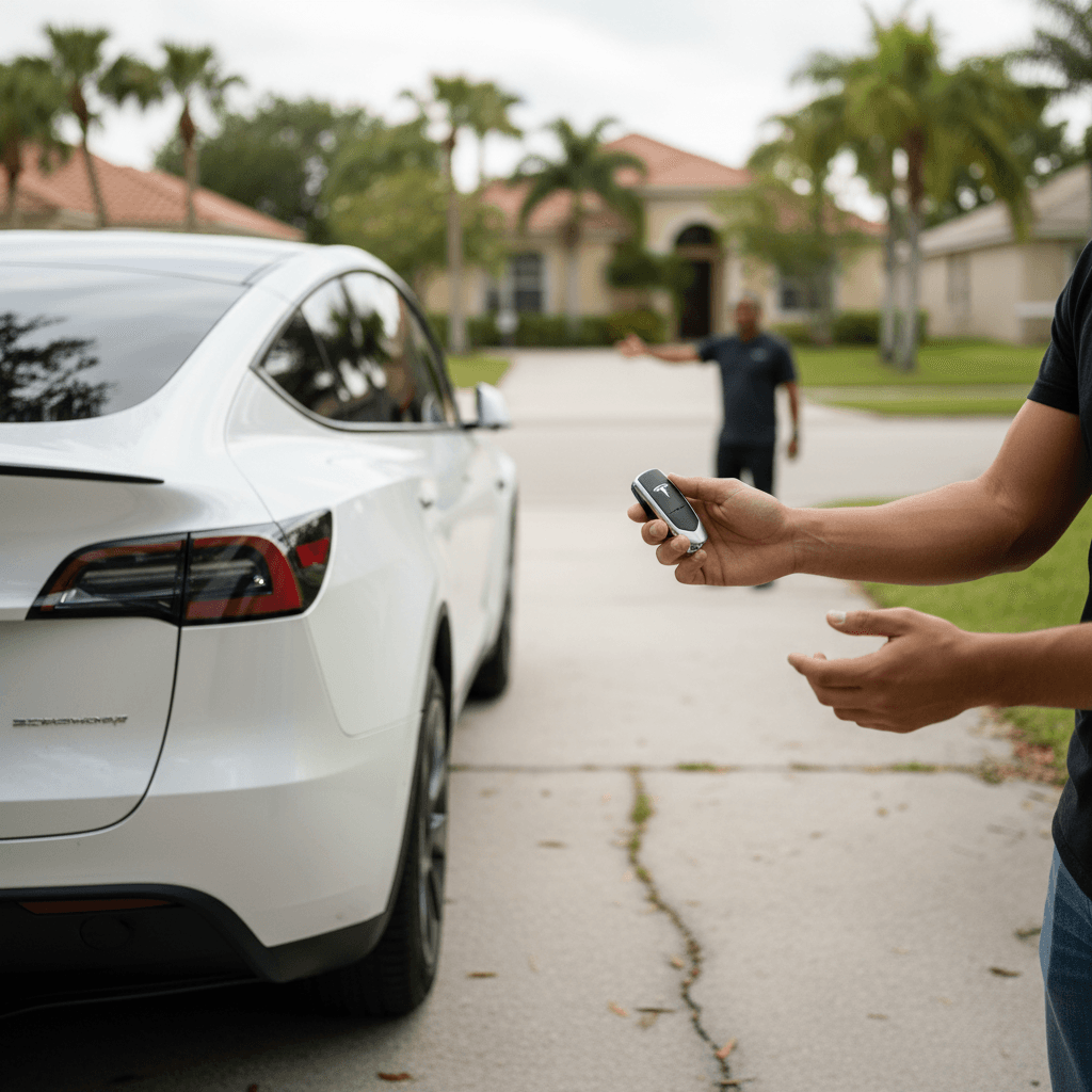Seller handing keys to a buyer while standing next to a white Tesla Model Y in a sunny Florida driveway