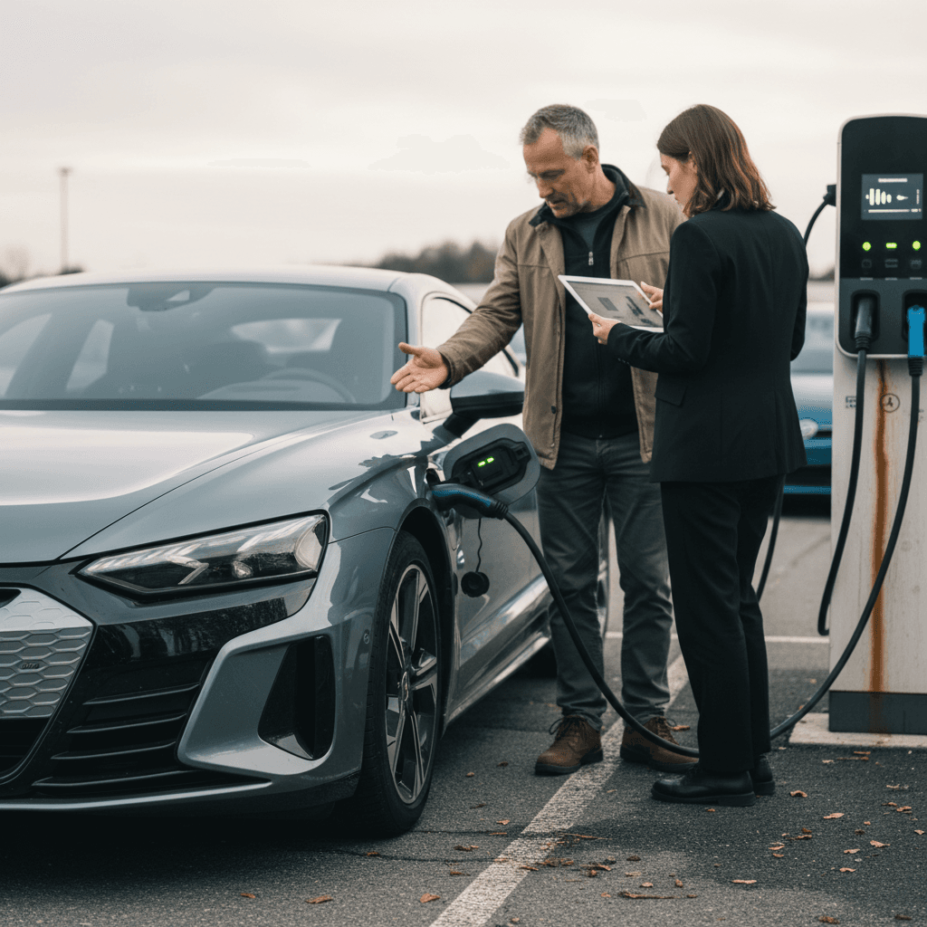 Audi e-tron GT owner reviewing valuation report next to the car at a charging station