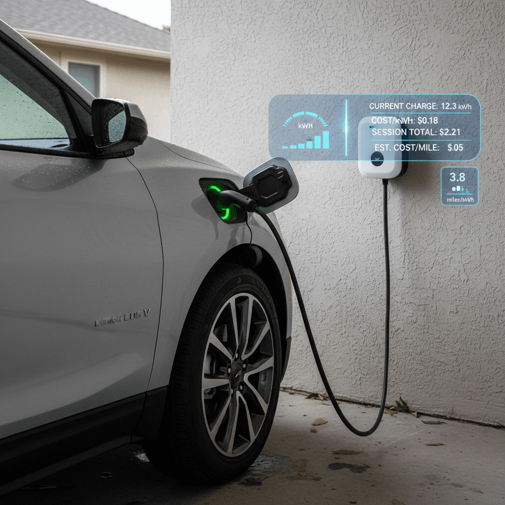 Chevrolet Equinox EV plugged into a home Level 2 charger in a garage, emphasizing low cost per mile
