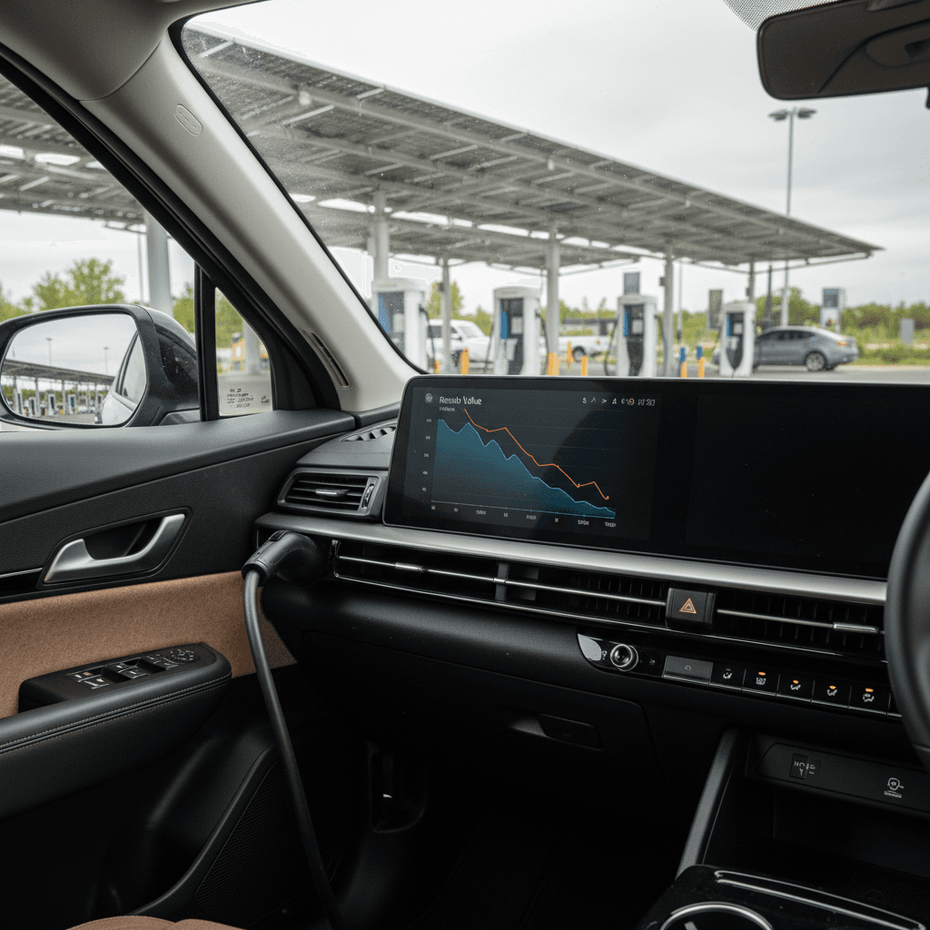Side view of a Kia EV9 charging with an overlay of a depreciation curve showing value declining over five years