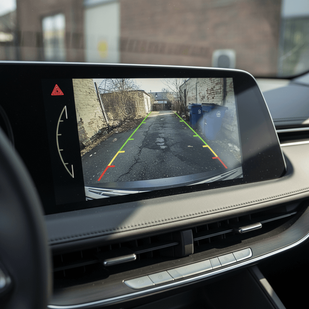2024 Cadillac Lyriq digital dash and large central display showing camera view while reversing