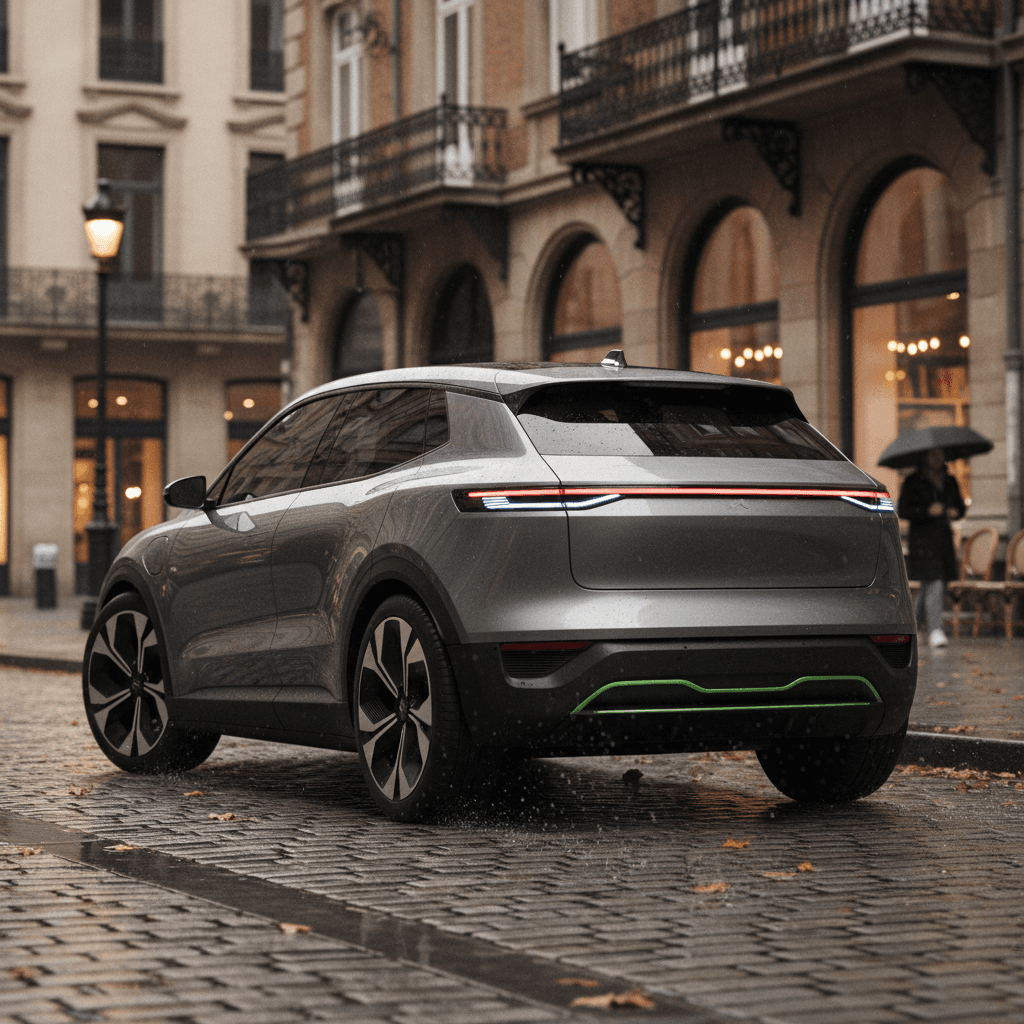 Modern electric SUV driving through a city street among other vehicles