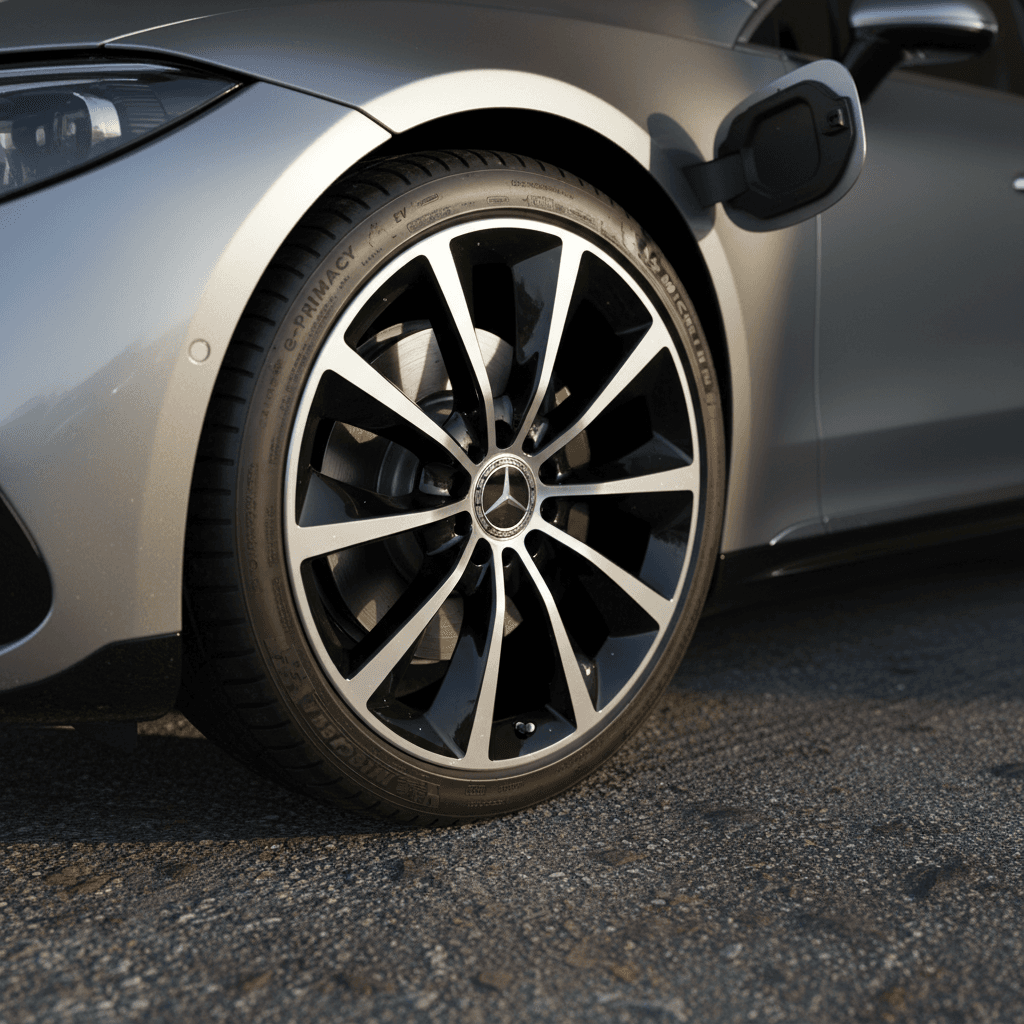 Close-up of a Mercedes EQS front wheel and tire, highlighting the low-profile EV tire and large alloy wheel.