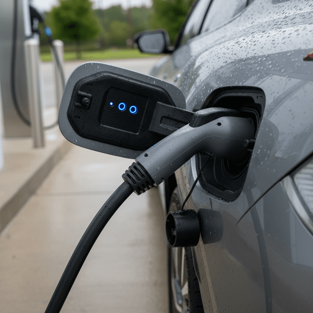 Kia EV6 plugged into a public DC fast charger, showing charging status lights near the port