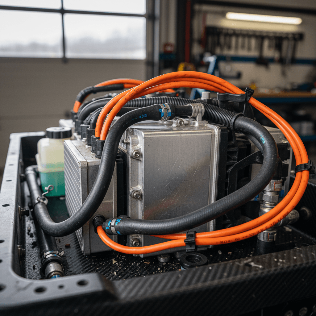Under-hood view of an electric car showing high-voltage components and coolant reservoir but no engine or oil dipstick