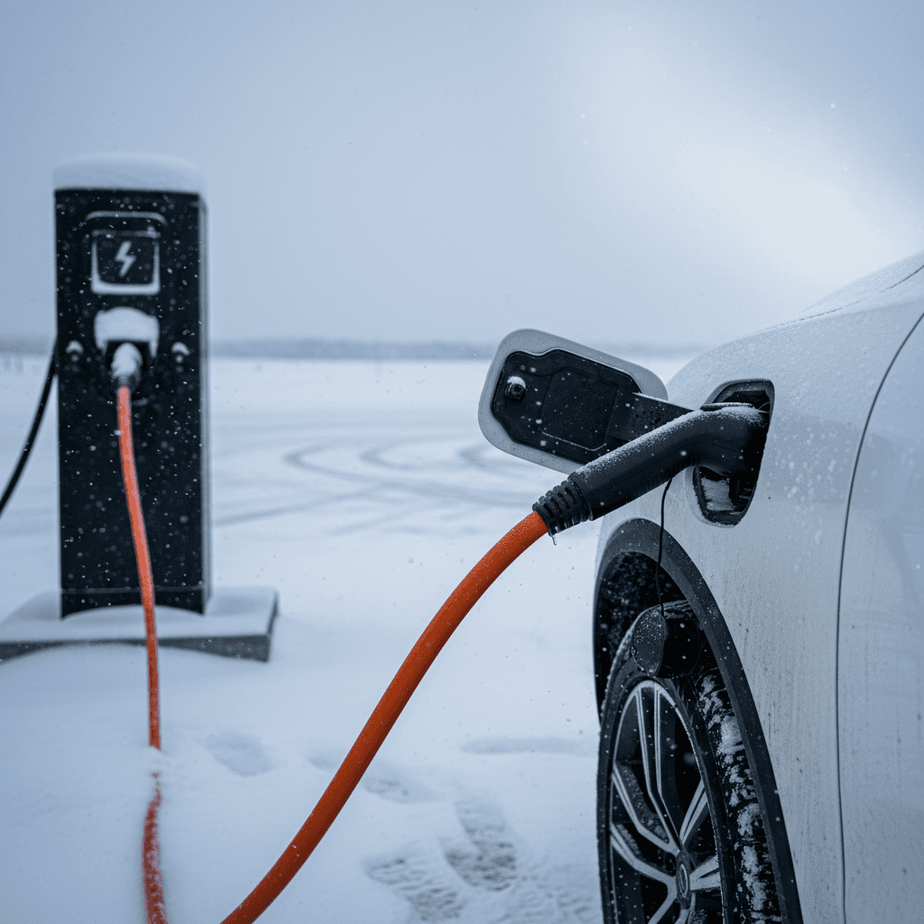 Volvo EX90 charging at a public fast charger in a snowy parking lot during winter