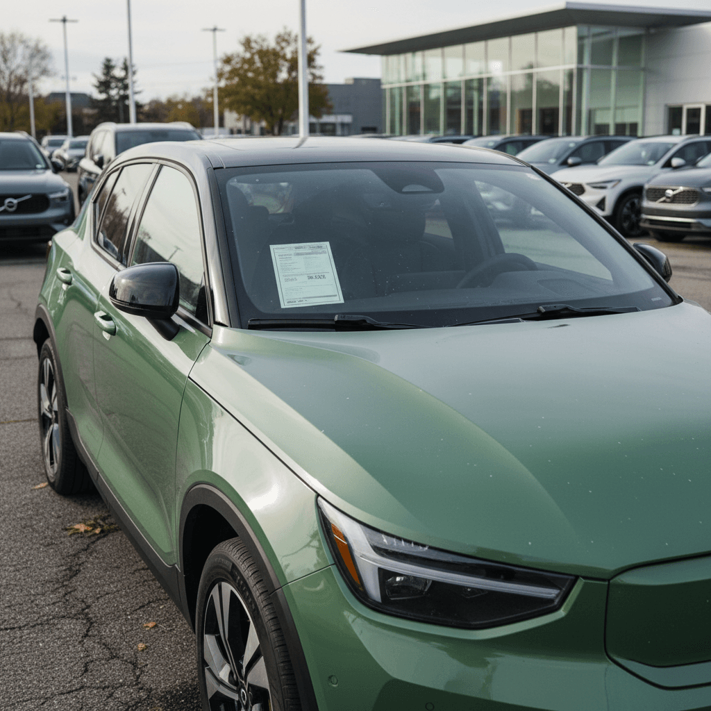 Used Volvo EX30 parked on a dealer lot with a for sale sign, highlighting resale timing decisions
