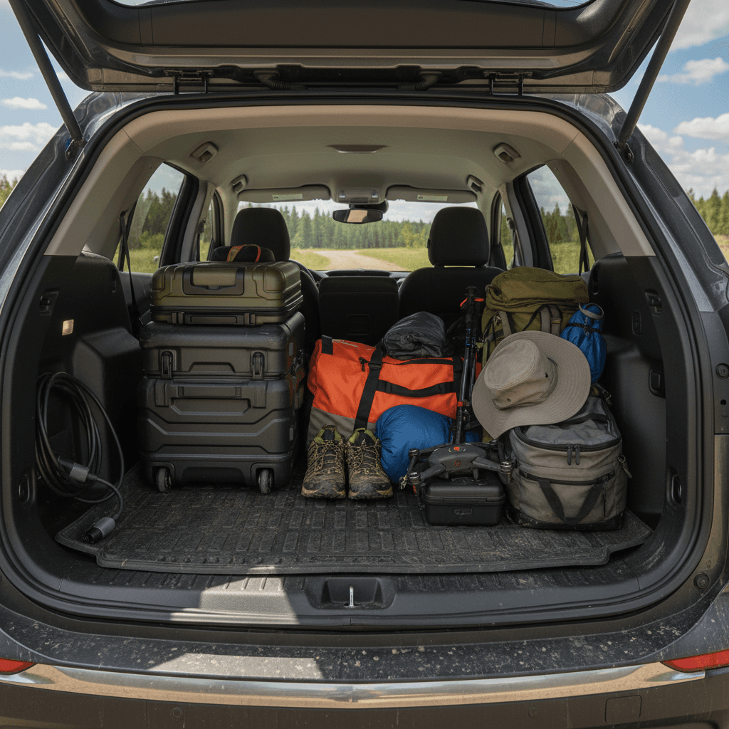 Chevrolet Equinox EV rear cargo area with rear seats folded flat, showing luggage and camping gear loaded