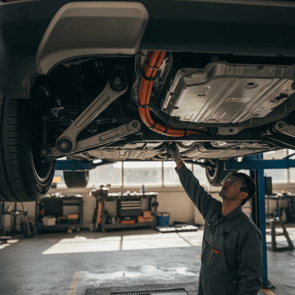 Mechanic inspecting suspension and high-voltage wiring under a Honda Prologue on a lift