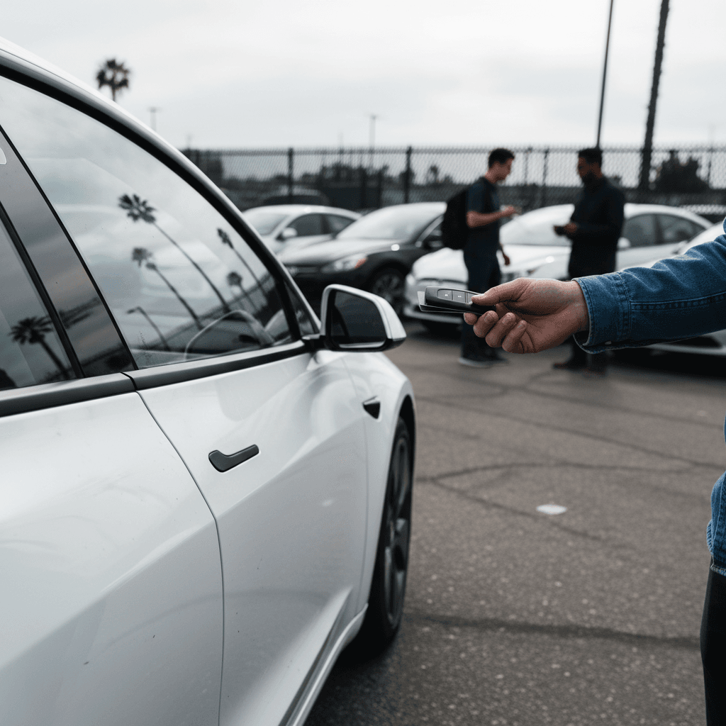 Seller handing keys to buyer beside a white Tesla Model 3 at a used EV dealership