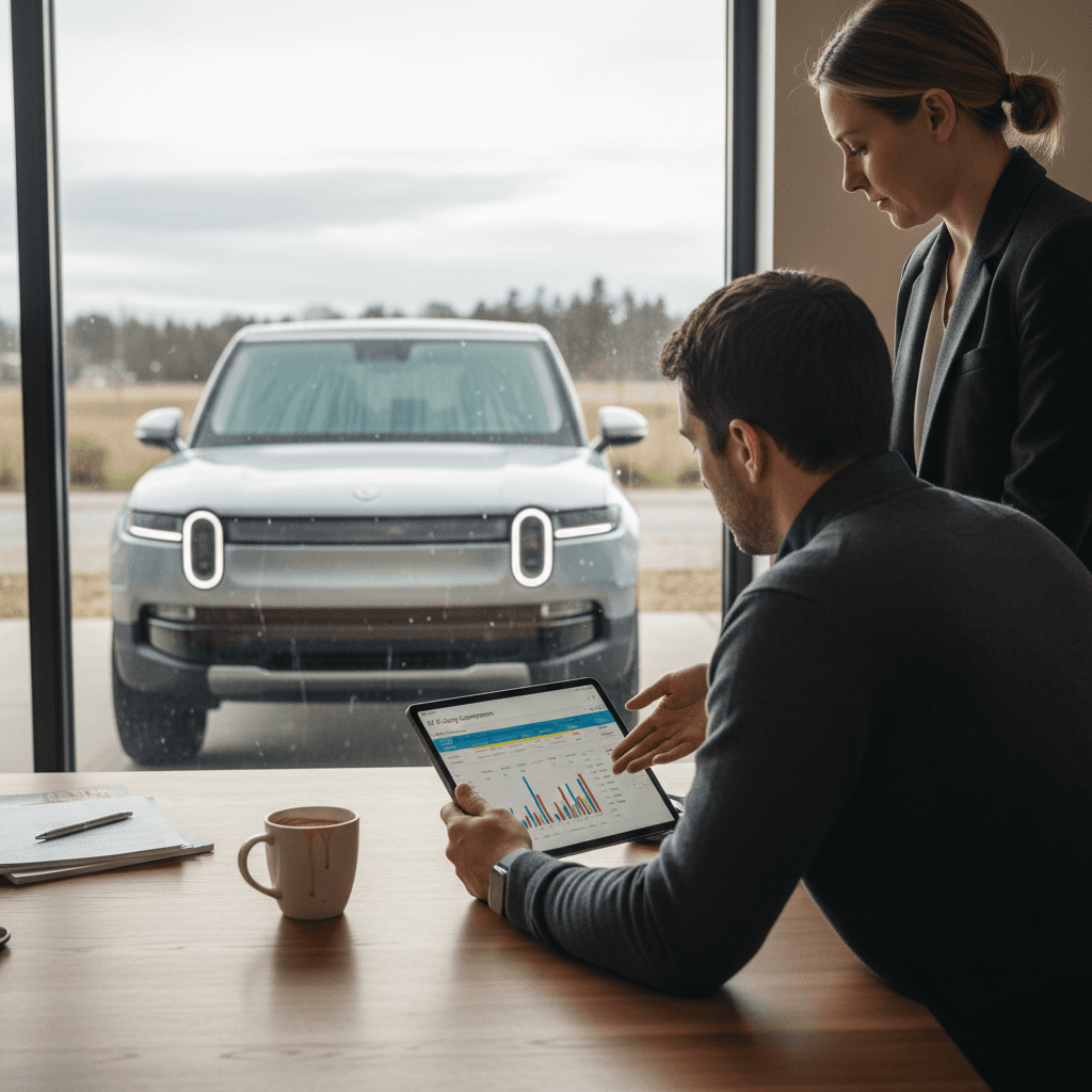 Rivian R1S owner reviewing insurance documents with an agent, highlighting age-based premium differences
