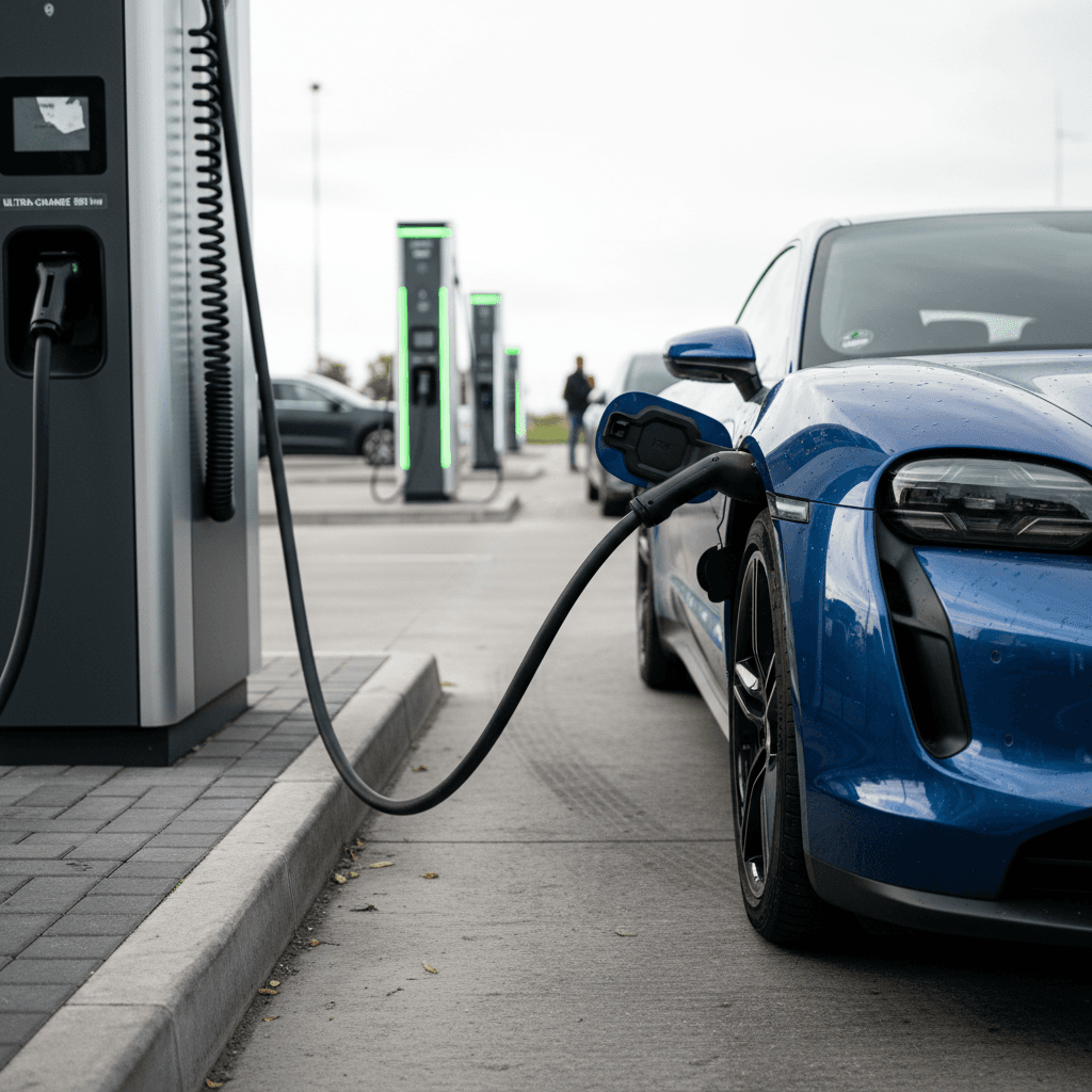 A Porsche Taycan sedan plugged into a modern highway fast charger, illustrating real-world range testing