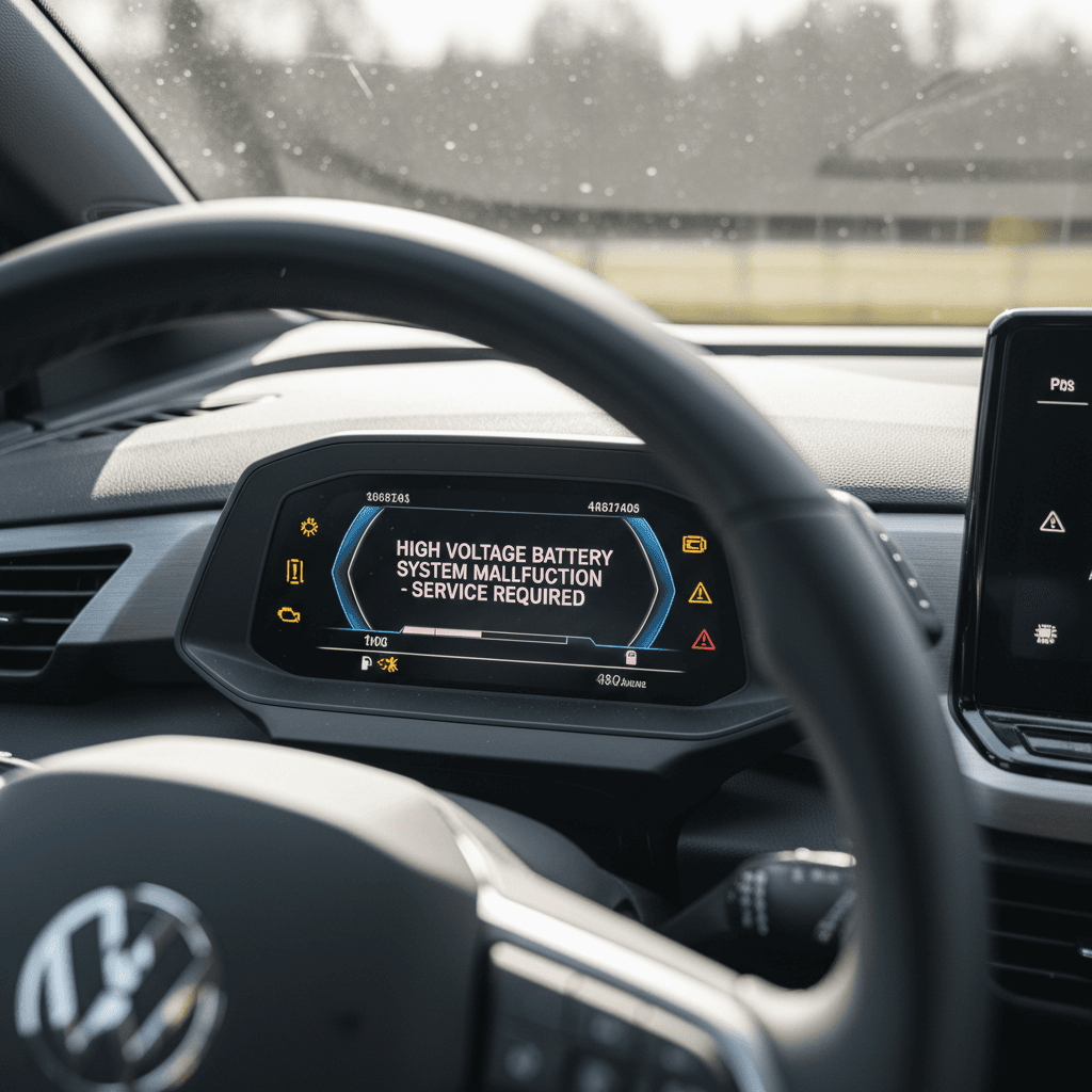 Volkswagen ID.4 digital instrument cluster showing bright warning icons and safety alert message related to battery system
