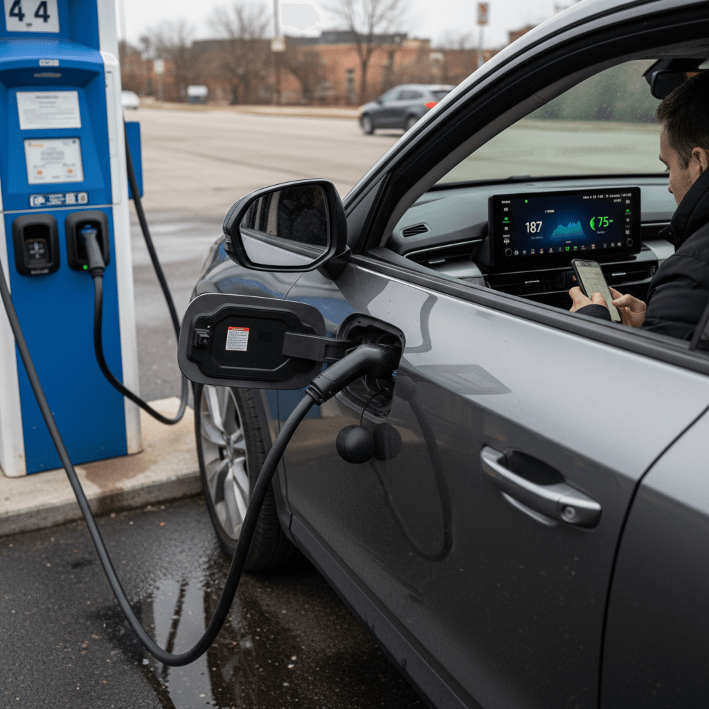 Honda Prologue charging at a public fast charger while the driver checks the route and remaining range on the center display