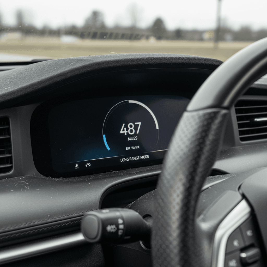 EV digital dashboard display showing high remaining driving range on a full battery