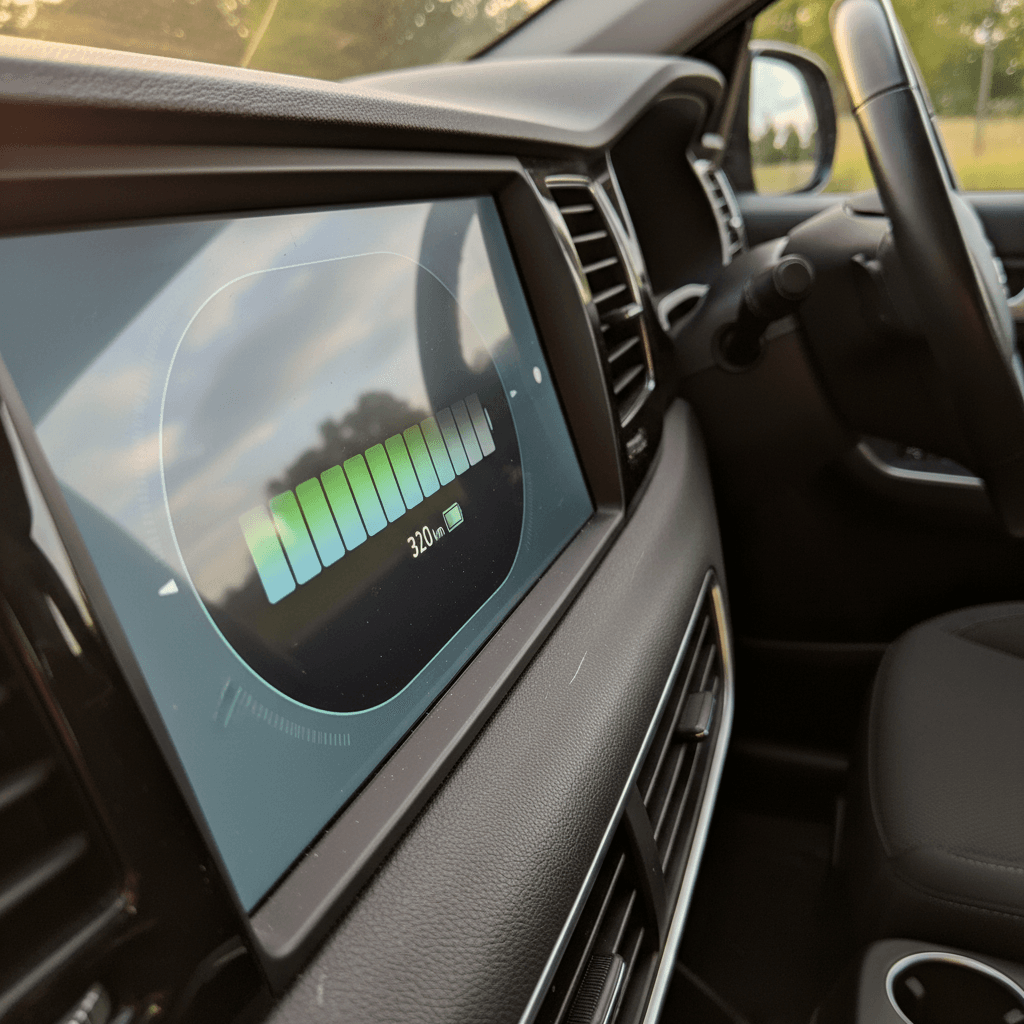 Electric vehicle dashboard showing battery state of charge and estimated driving range