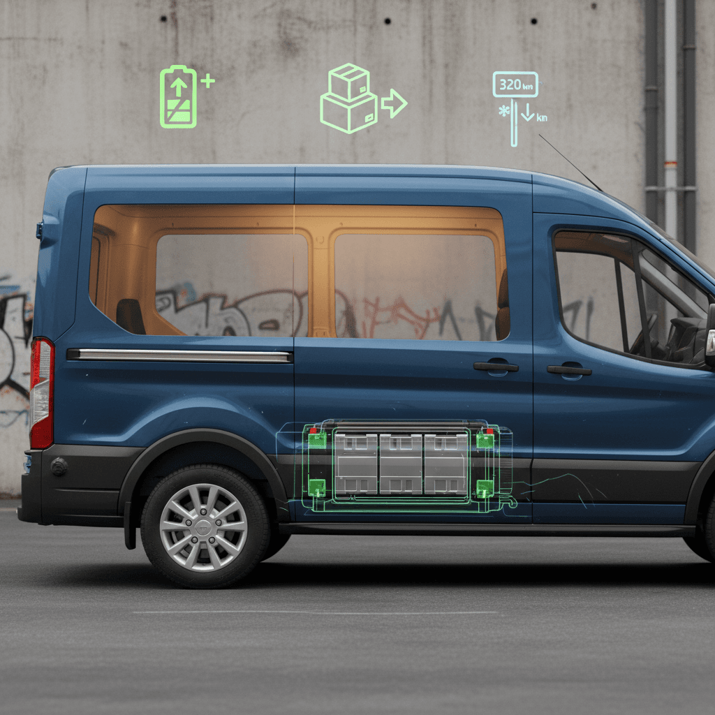 Illustration of a Ford E‑Transit cargo van highlighting the battery location, cargo area, and how load and aerodynamics affect real-world range.