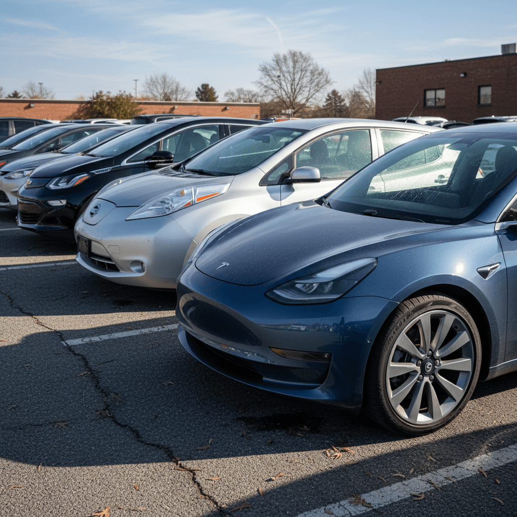 Lineup of electric vehicles from different brands parked in a row