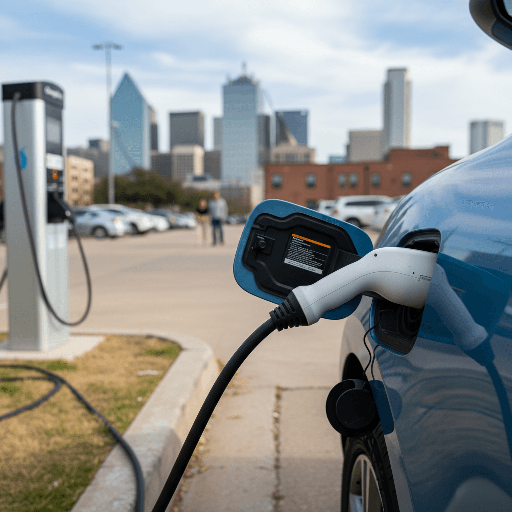 Electric vehicle plugged into a public Level 2 charging station in a Dallas parking lot