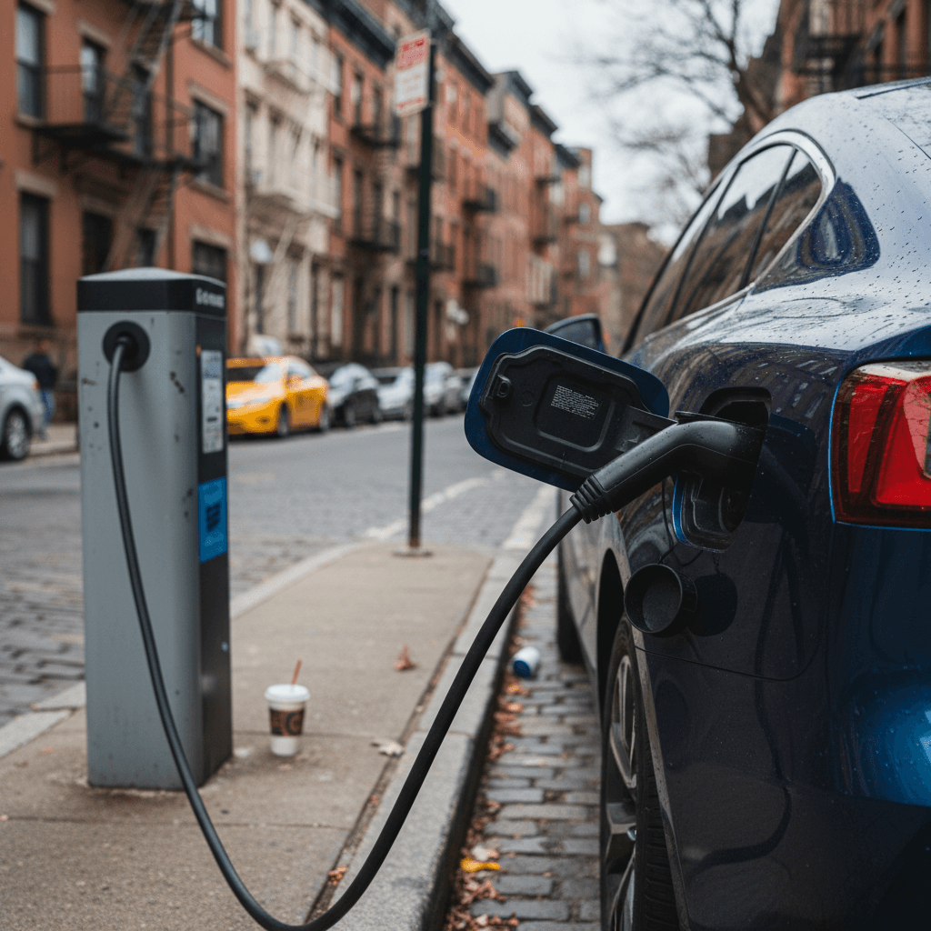 Curbside Level 2 EV charging station powering an electric car on a residential Hoboken street