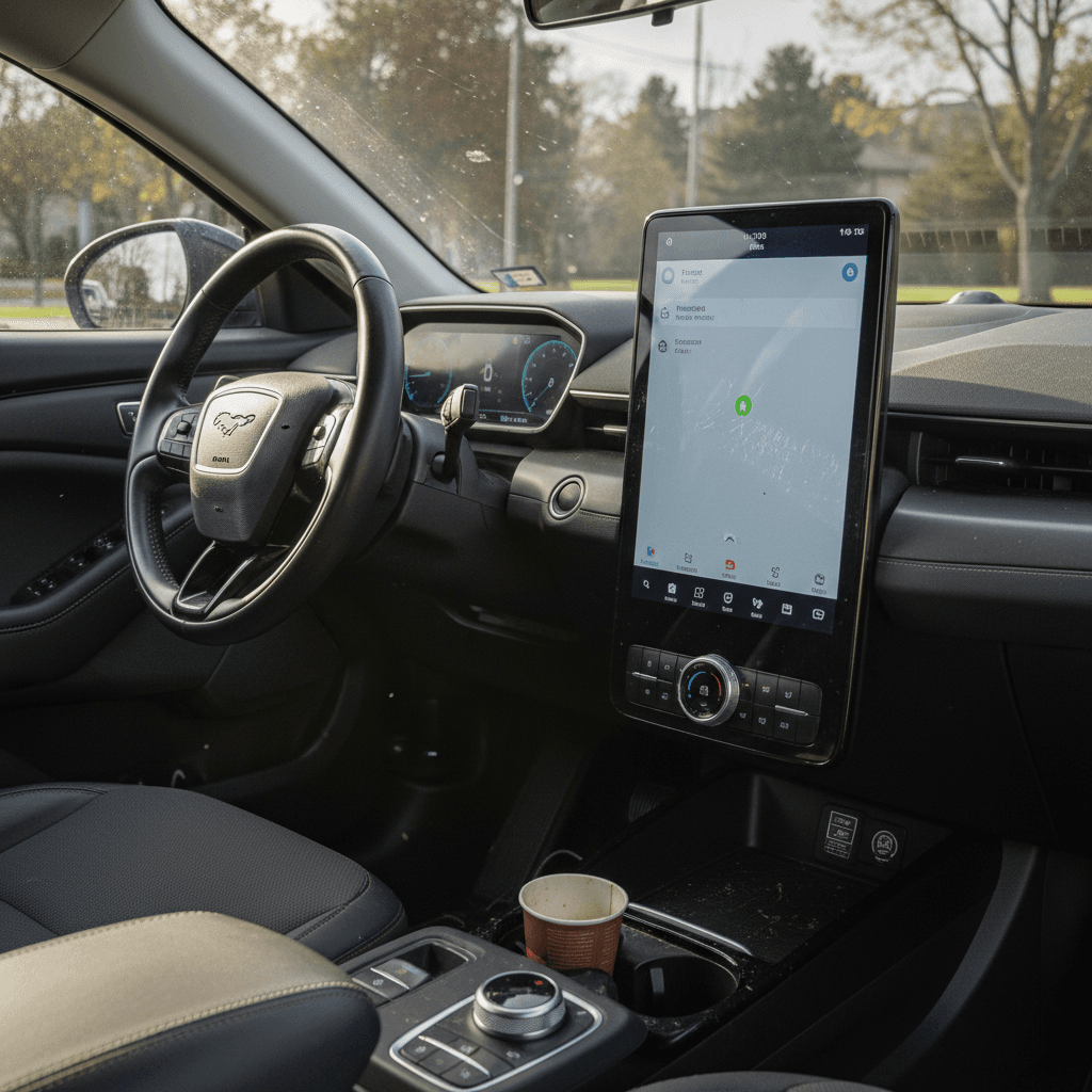 Interior of a 2021 Ford Mustang Mach-E showing the central touchscreen and digital driver display