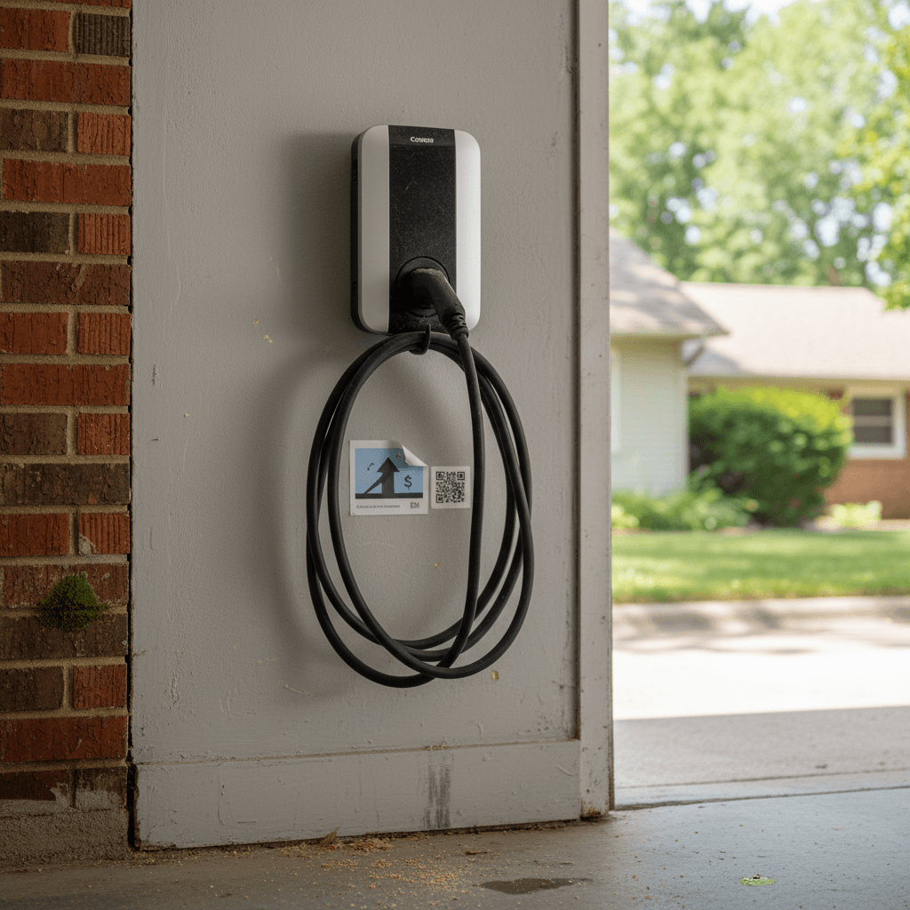 Home Level 2 EV charger installed on a garage wall at a single-family home in Ohio